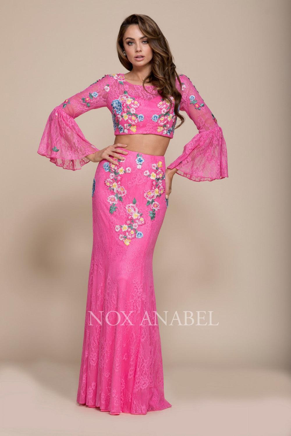 Long Floral Two Piece Bell Sleeve Prom Dress Evening Gown - The Dress Outlet Nox Anabel