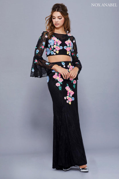 Long Floral Two Piece Bell Sleeve Prom Dress Evening Gown - The Dress Outlet Nox Anabel
