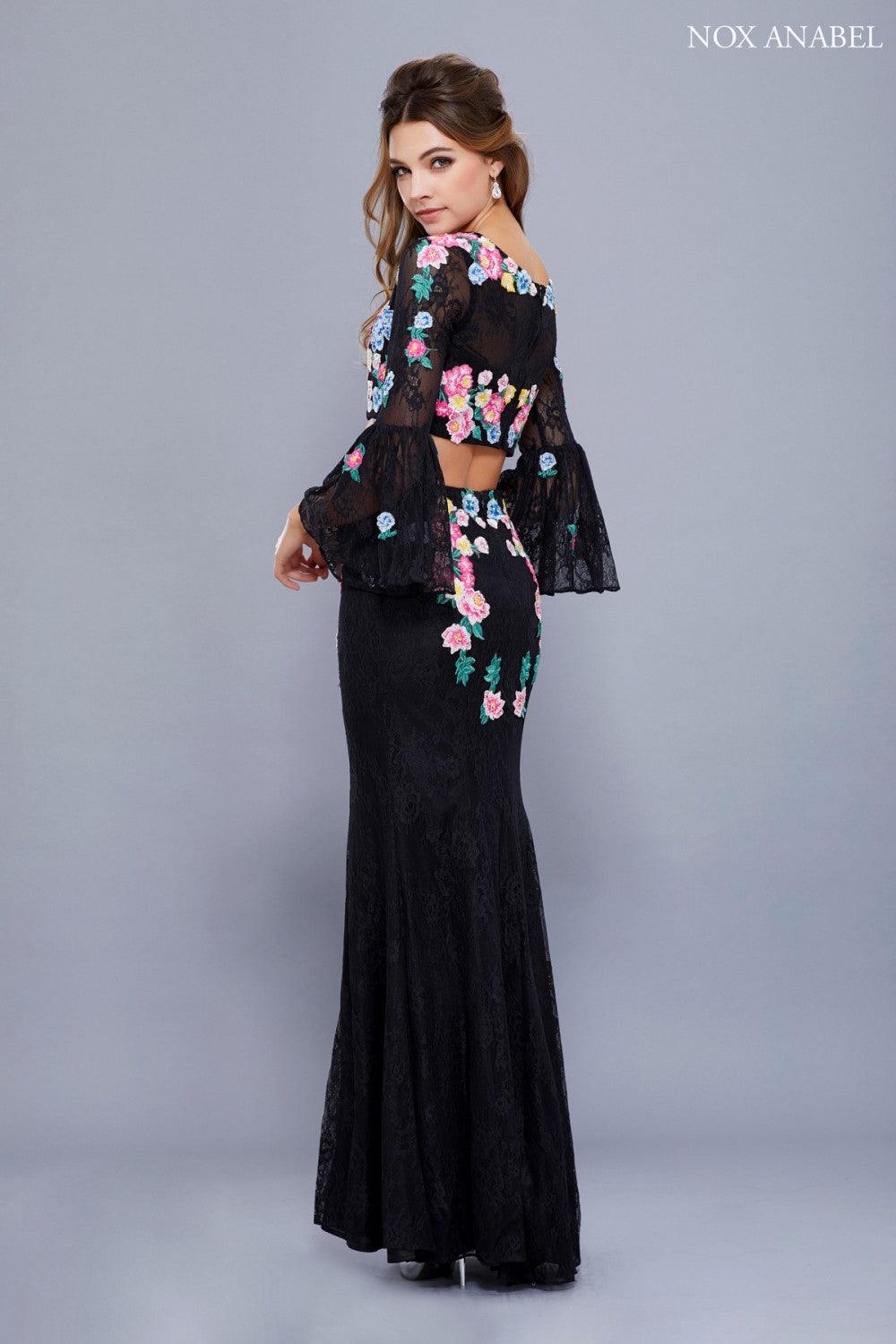 Long Floral Two Piece Bell Sleeve Prom Dress Evening Gown - The Dress Outlet Nox Anabel