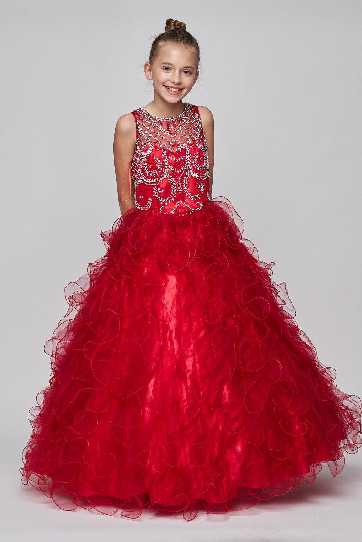 Long Flower Girl Dress Beaded Layered Organza Gown - The Dress Outlet Cinderella Couture