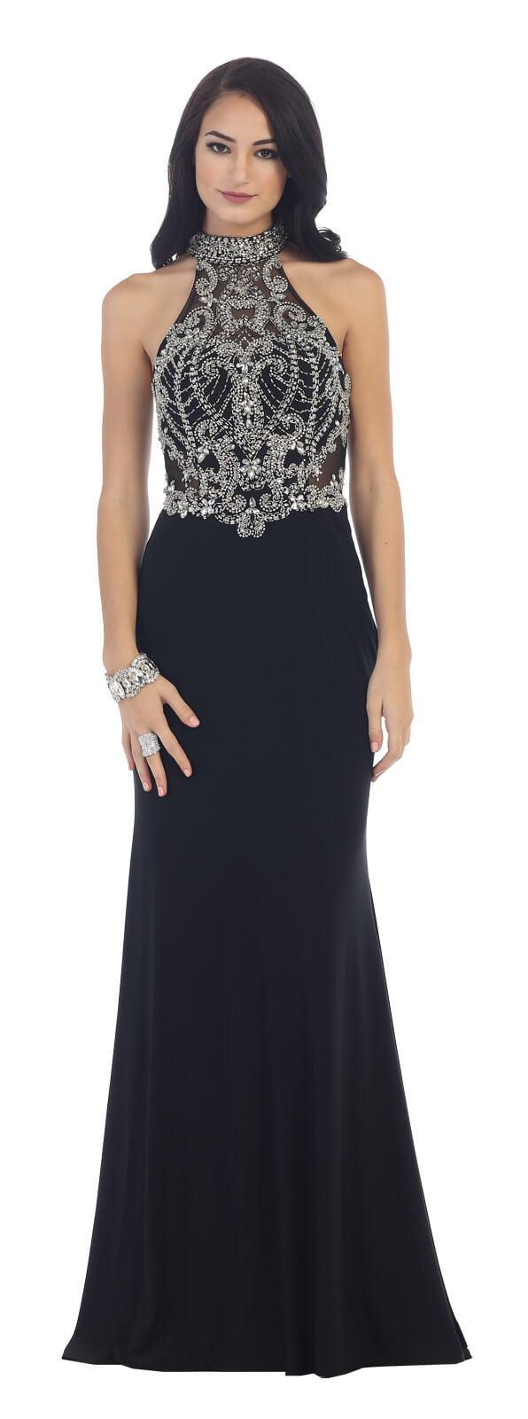 Long Formal Beaded Halter Evening Prom Long Dress - The Dress Outlet May Queen