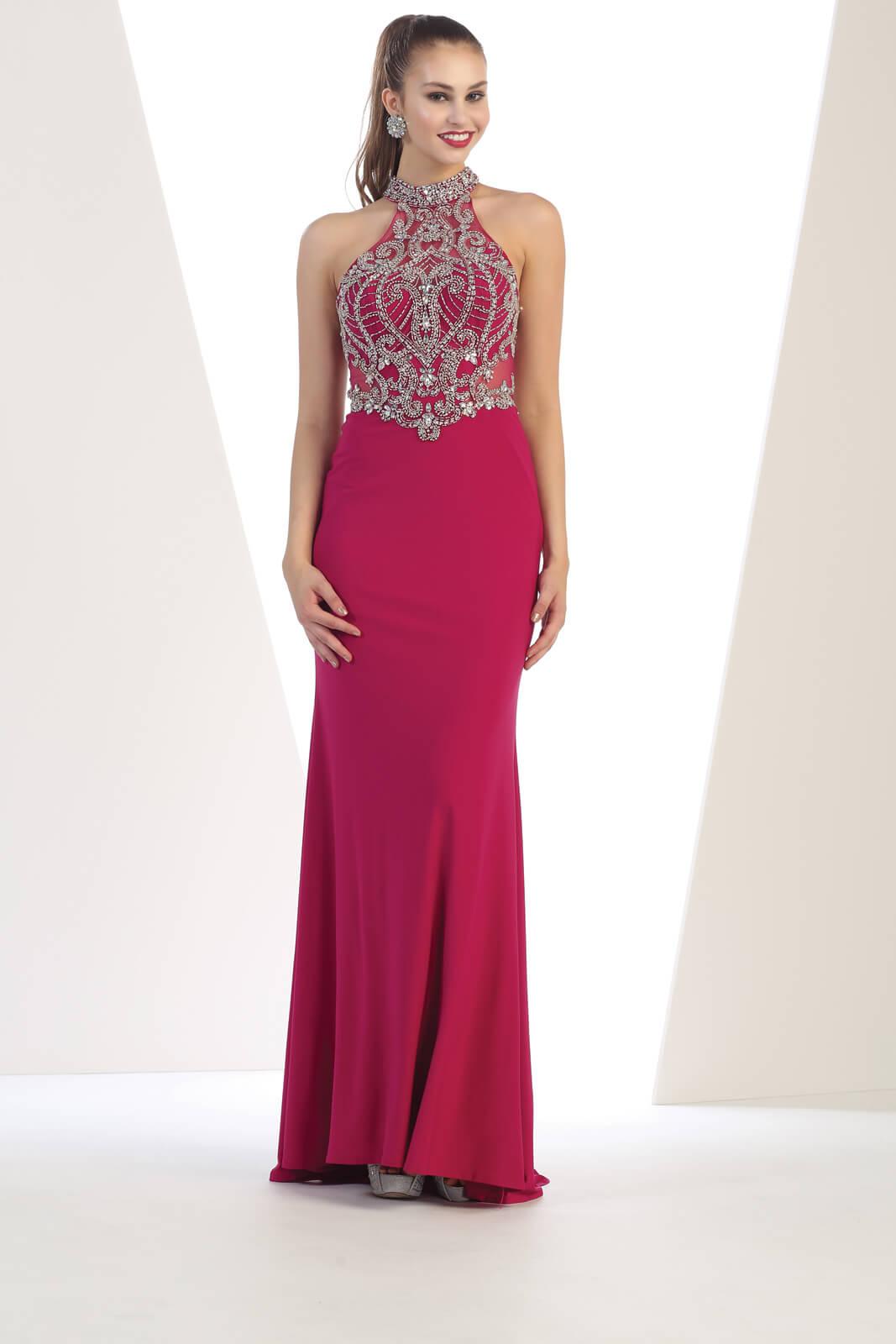 Long Formal Beaded Halter Evening Prom Long Dress - The Dress Outlet May Queen