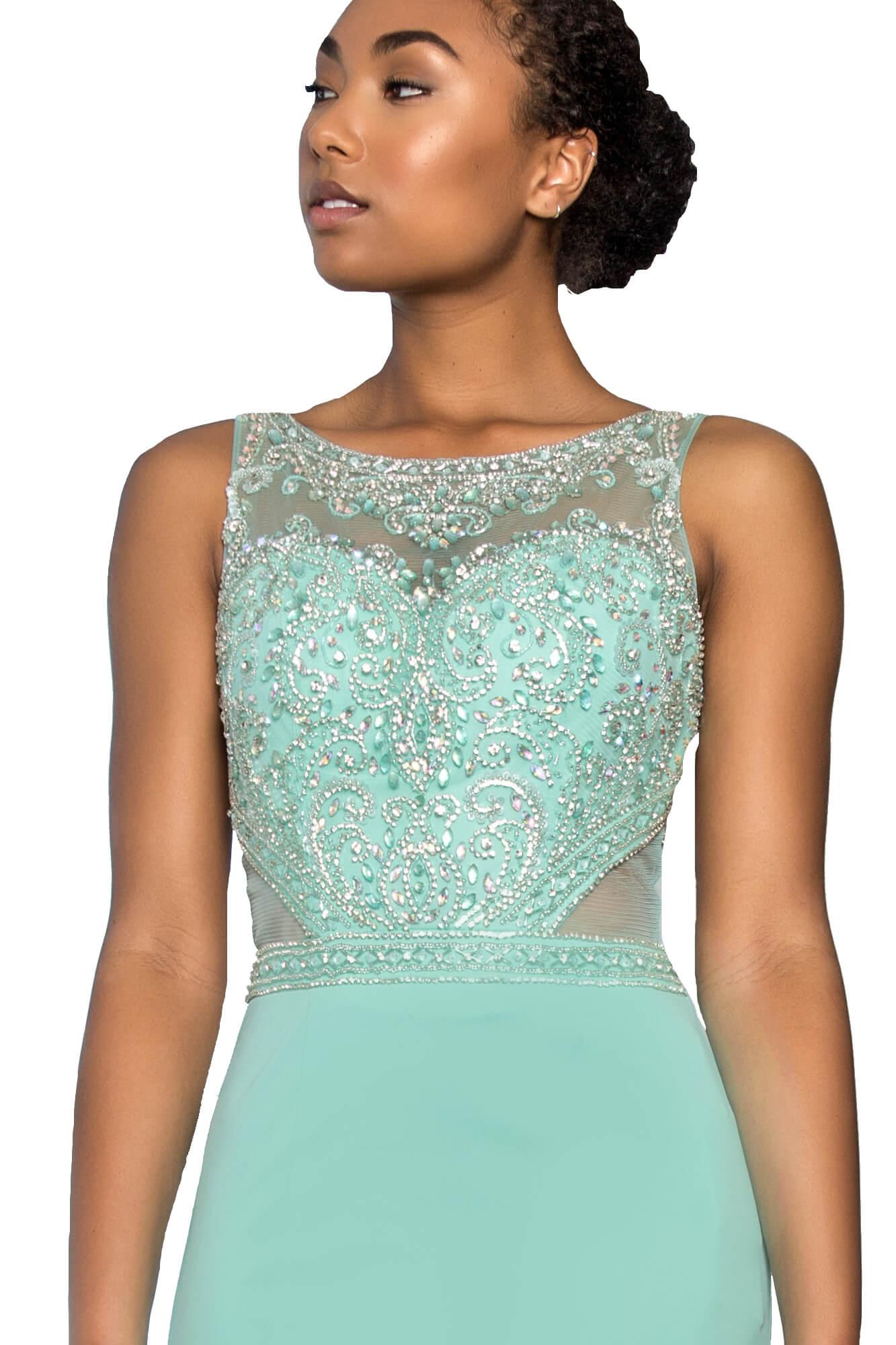 Long Formal Beaded Sleeveless Evening Gown