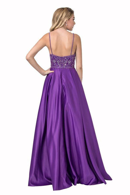 Long Formal Beaded Spaghetti Strap Prom Ball Gown - The Dress Outlet