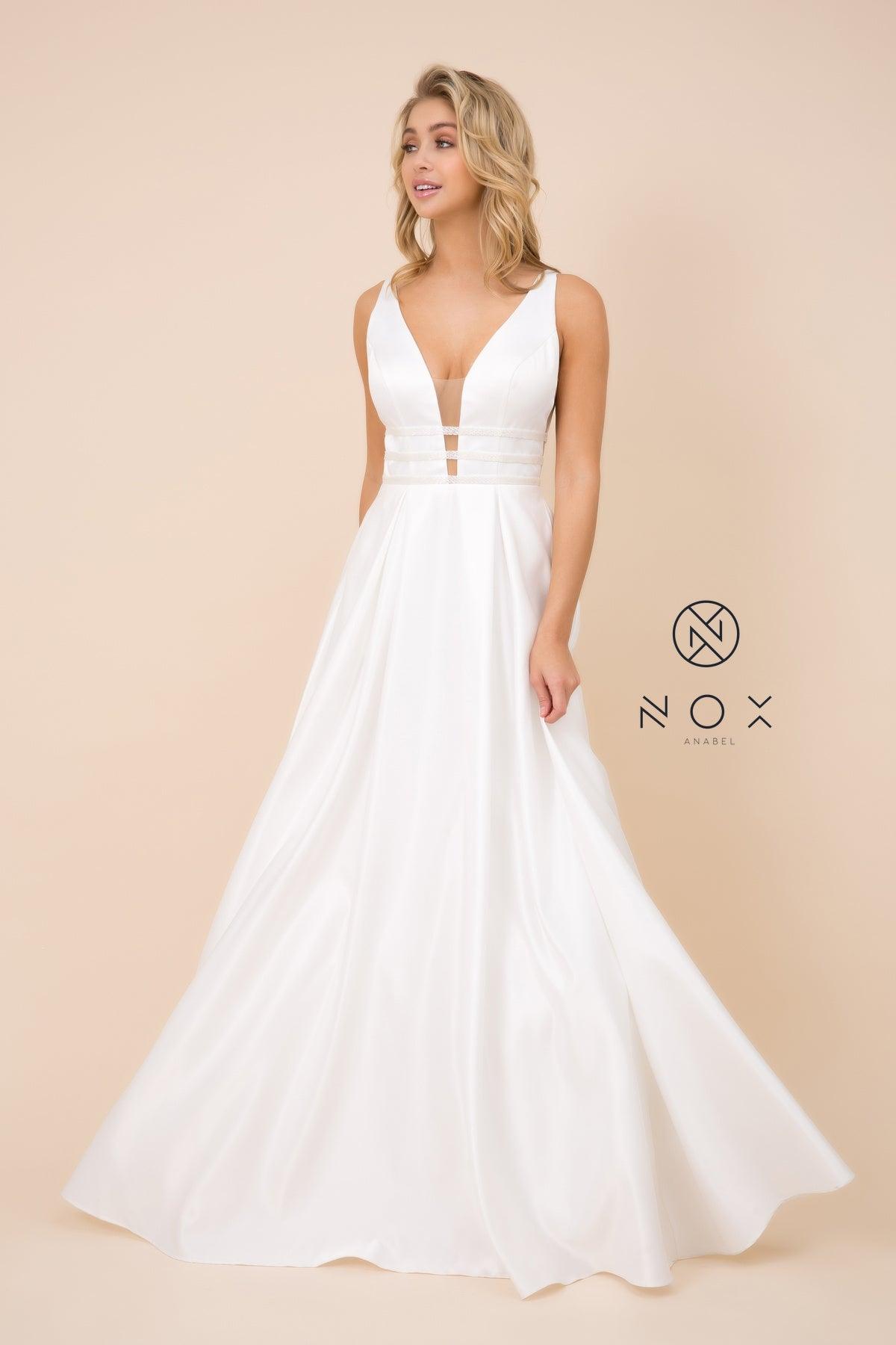 Long Formal Bridal Wedding Dress with Pockets White - The Dress Outlet Nox Anabel