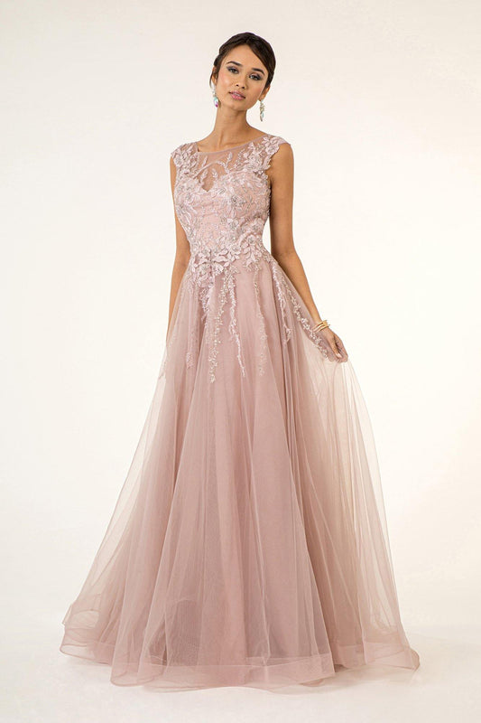 Long Formal Cap Sleeve A Line Evening Prom Dress - The Dress Outlet