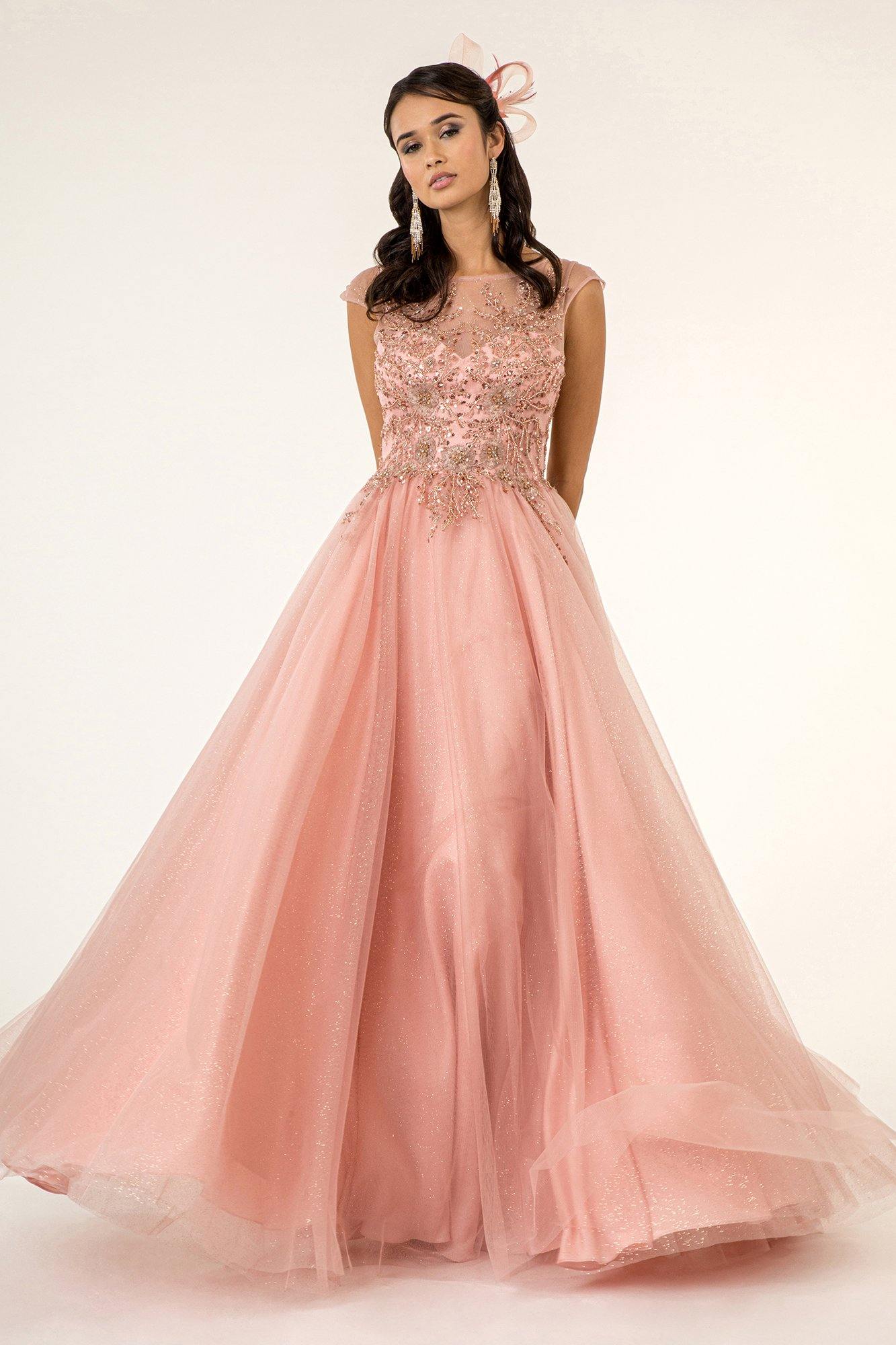 Long Formal Cap Sleeve Beaded A Line Prom Dress - Dusty Rose / M Long Formal Cap Sleeve Beaded A Line Prom Dress - Dusty Rose / M