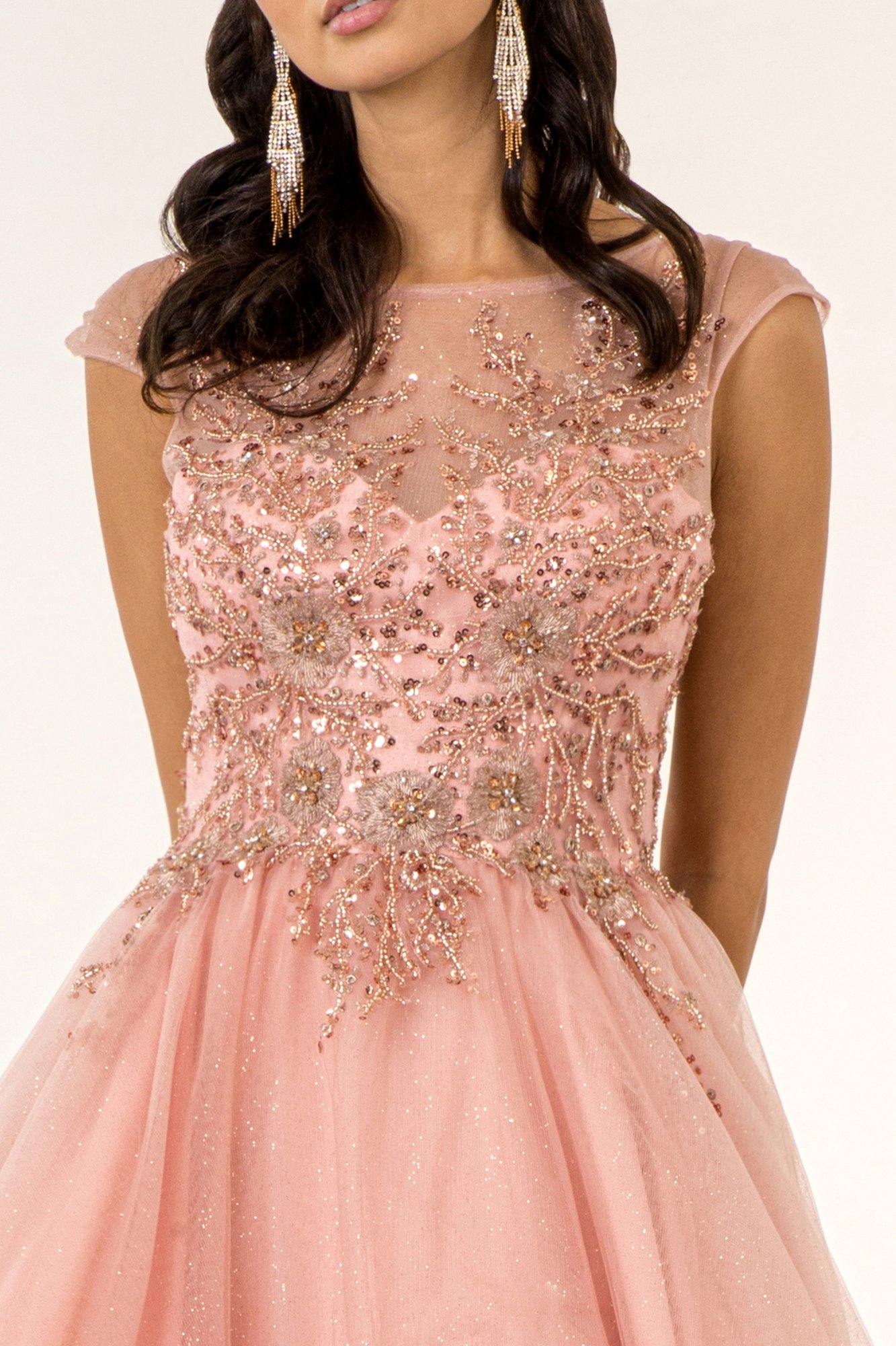 Long Formal Cap Sleeve Beaded A Line Prom Dress - The Dress Outlet