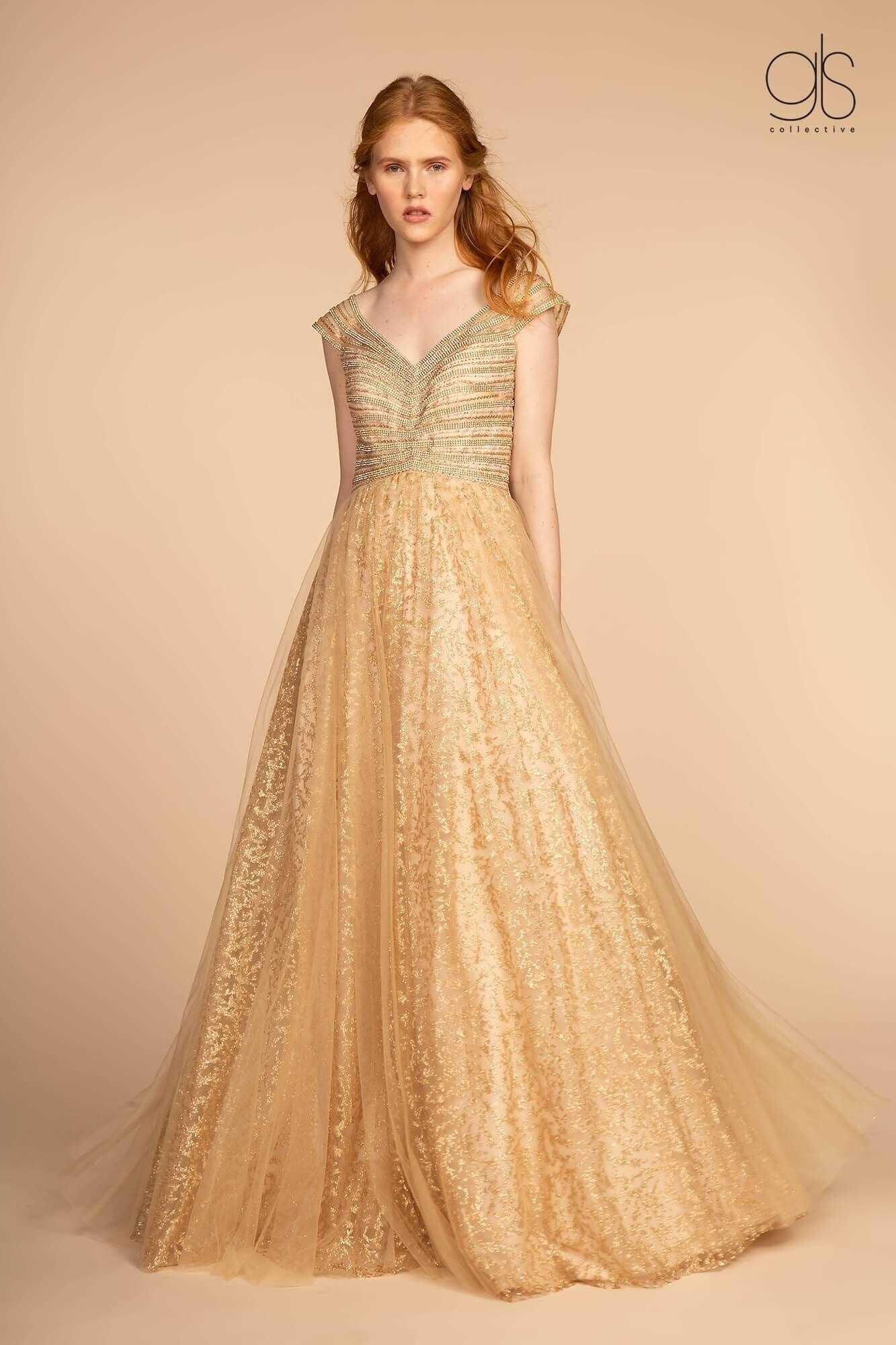 GLS Long Formal Cap Sleeve Glitter Print Skirt Prom Dress - Gold - XS - V-Neckline, Jewel Embellished Bodice, Full Length GLS Long Formal Cap Sleeve Glitter Print Skirt Prom Dress - Gold - XS - V-Neckline, Jewel Embellished Bodice, Full Length