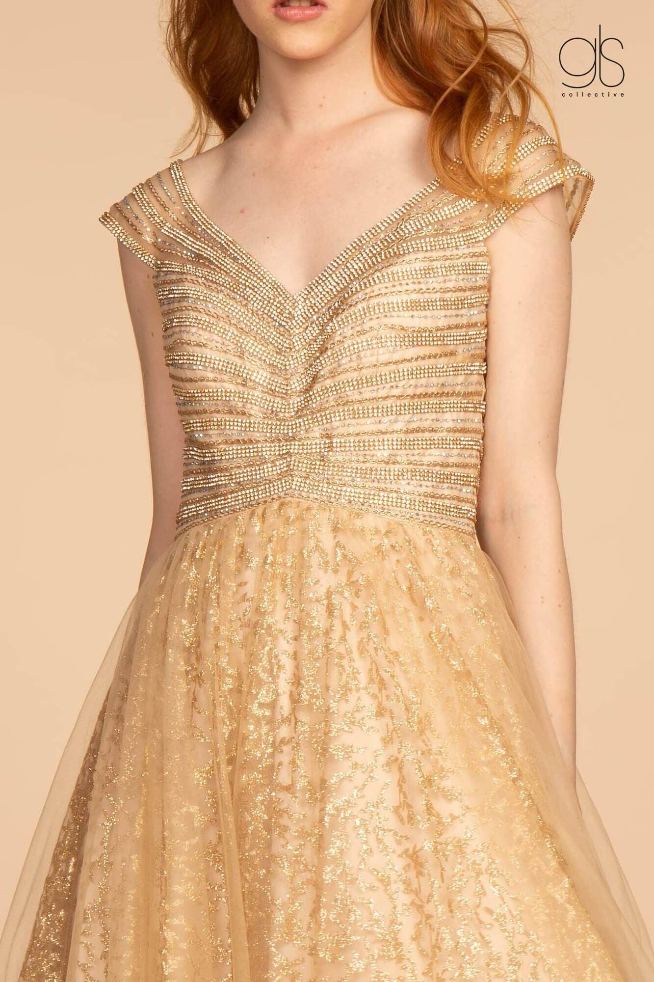 Long Formal Cap Sleeve Glitter Print Skirt Prom Dress - The Dress Outlet Elizabeth K