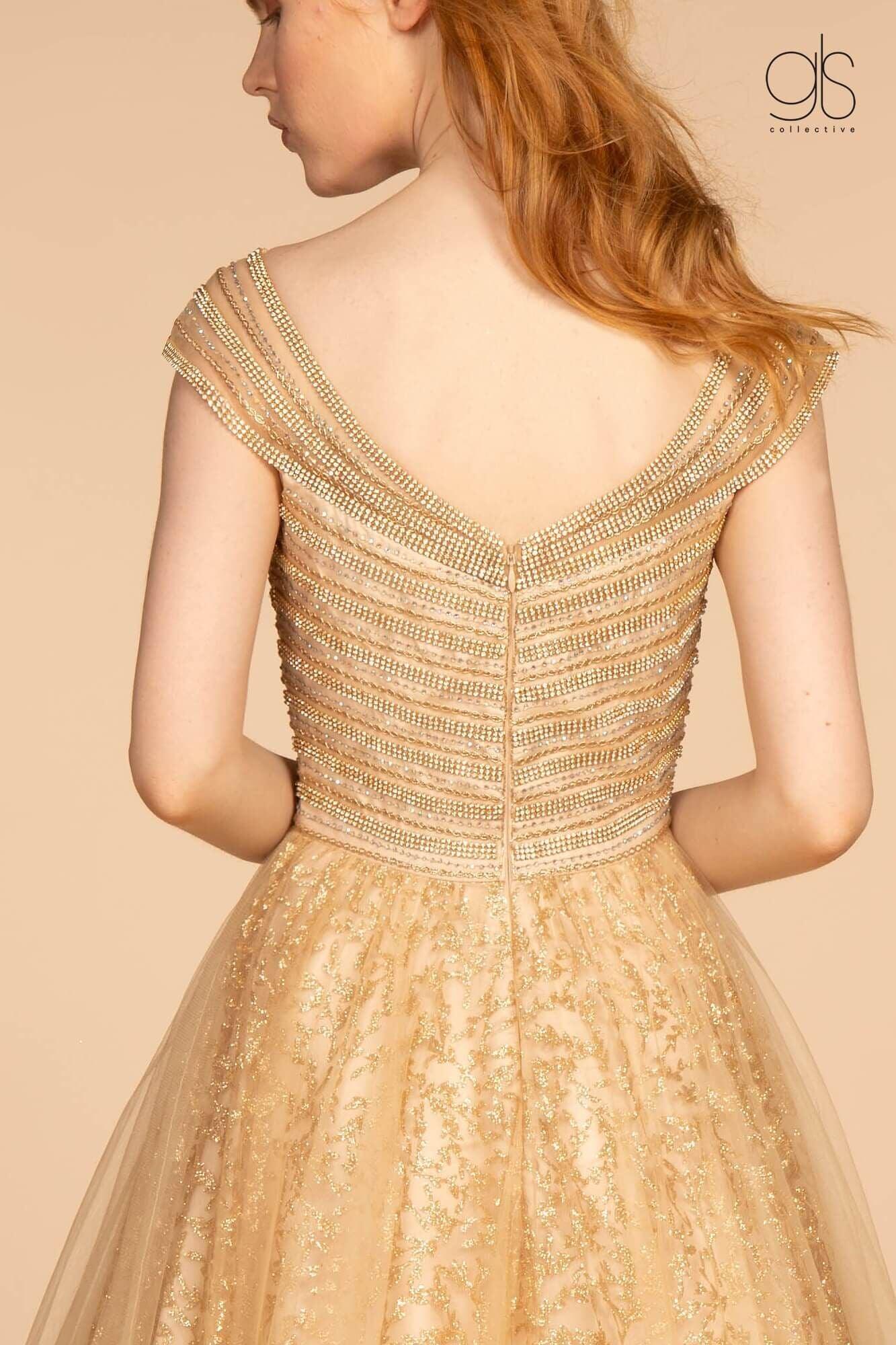Long Formal Cap Sleeve Glitter Print Skirt Prom Dress - The Dress Outlet Elizabeth K