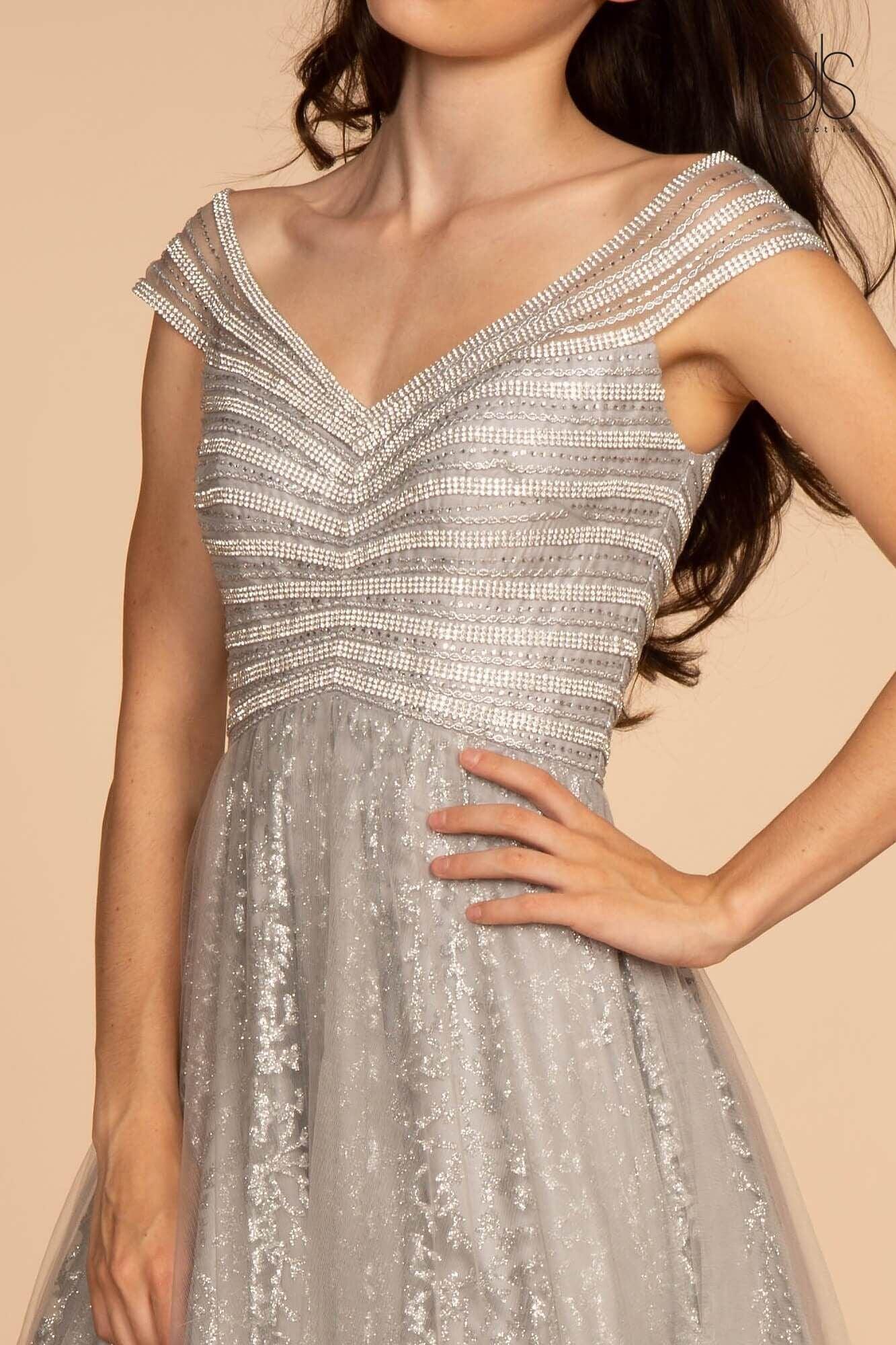 Long Formal Cap Sleeve Glitter Print Skirt Prom Dress - The Dress Outlet Elizabeth K