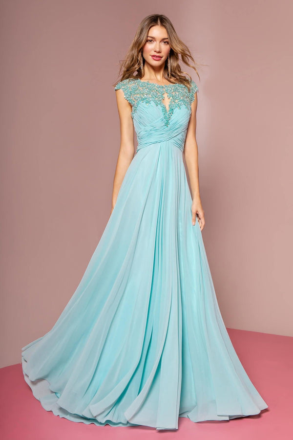Long Formal Cap Sleeve Ruched Bodice Prom Dress