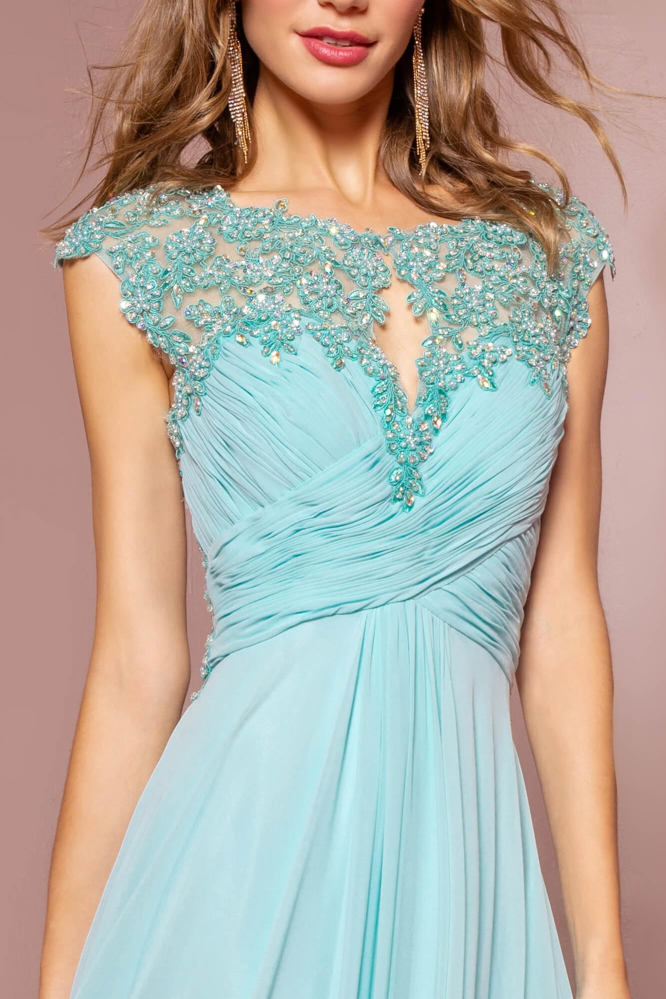 Long Formal Cap Sleeve Ruched Bodice Prom Dress - The Dress Outlet Elizabeth K