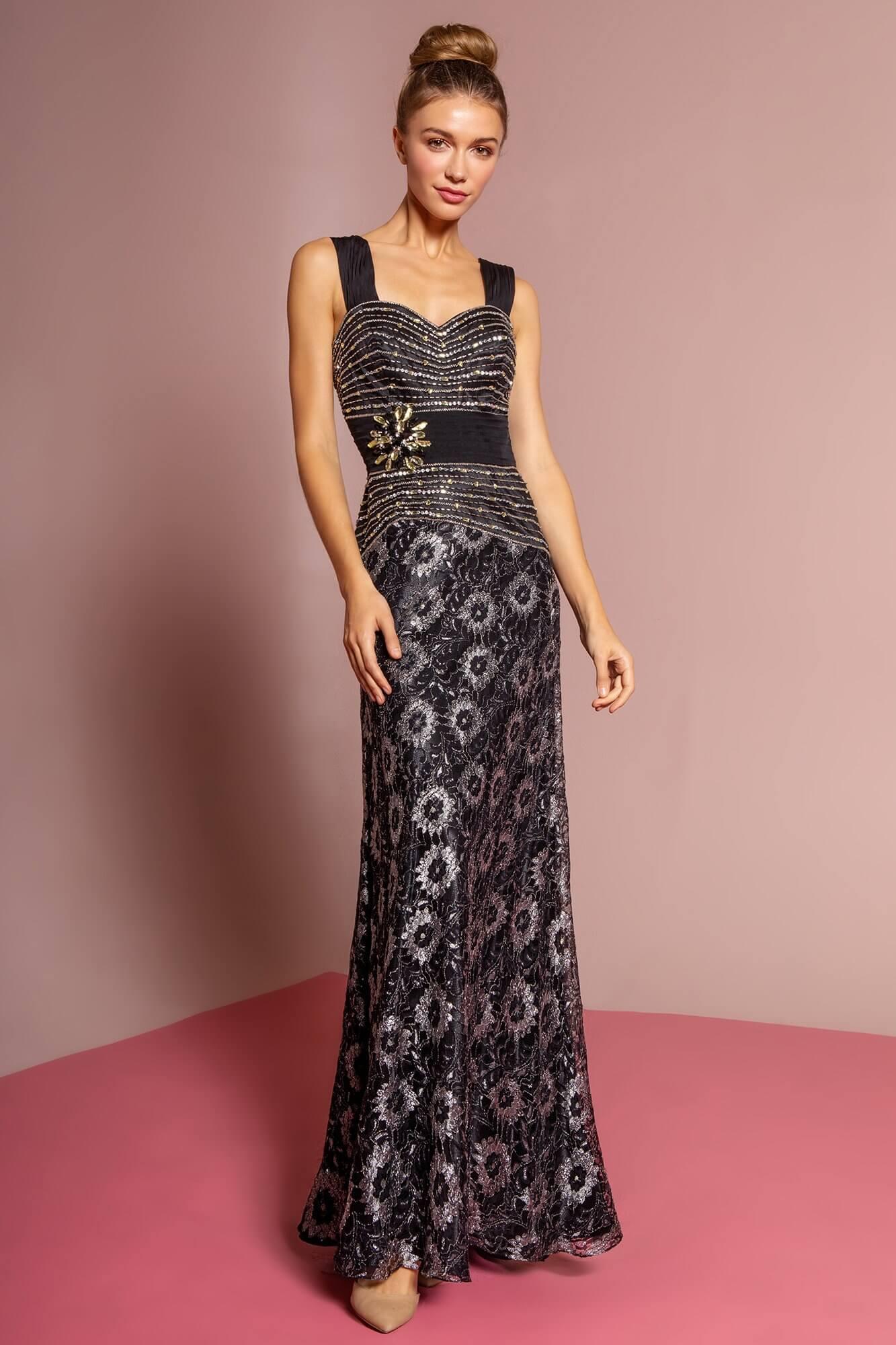 Long Formal Daisy Pattern Lace Prom Dress - The Dress Outlet Elizabeth K
