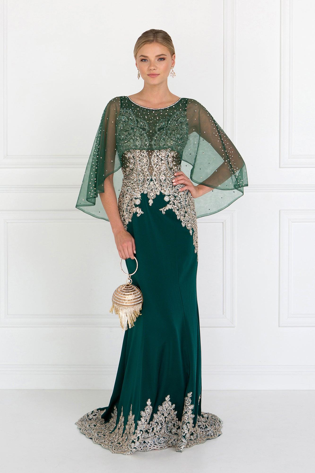 Long Formal Dress Evening Gown Cape Sleeves - The Dress Outlet Elizabeth K