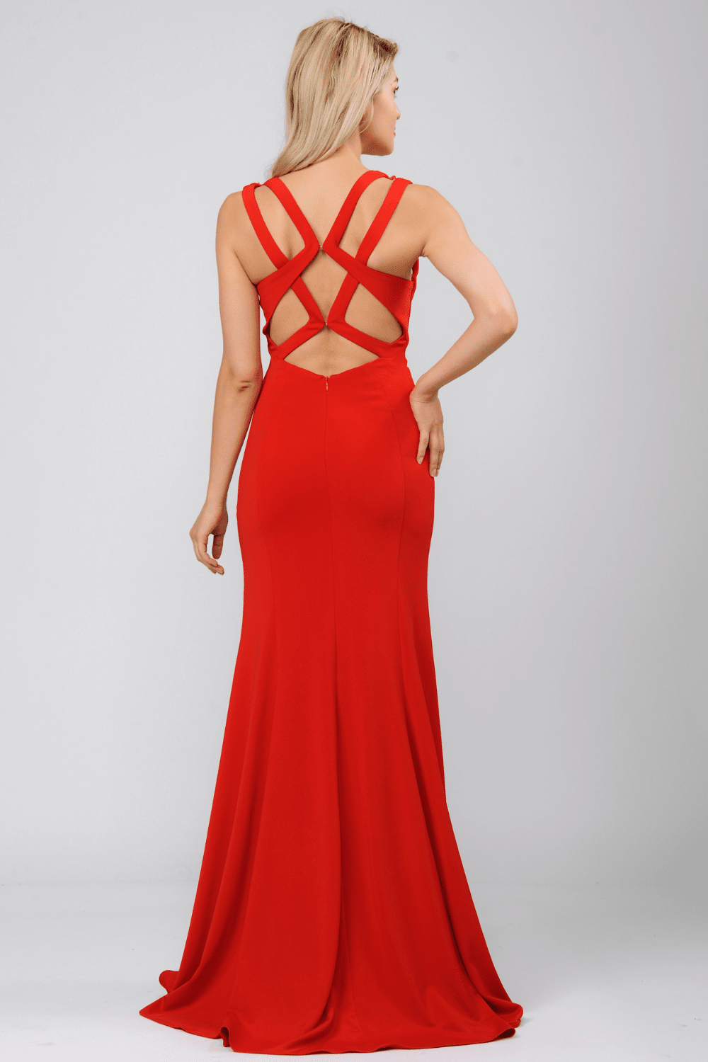 Red Crew-Neck Floor-Length Scuba Prom Dress with Criss-Cross Strappy Back Poly USA 8232