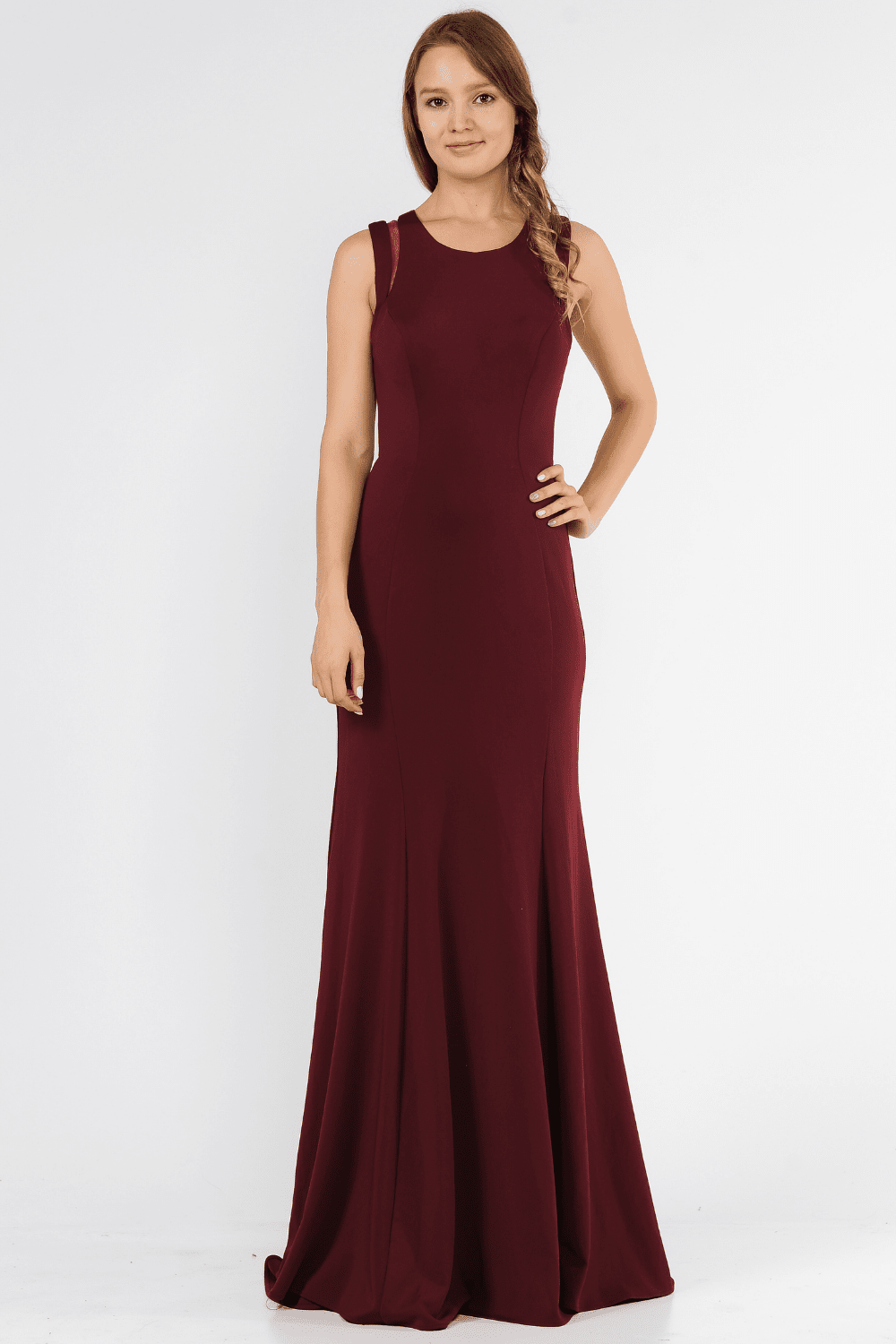 Burgudy Crew-Neck Floor-Length Scuba Prom Dress with Criss-Cross Strappy Back Poly USA 8232