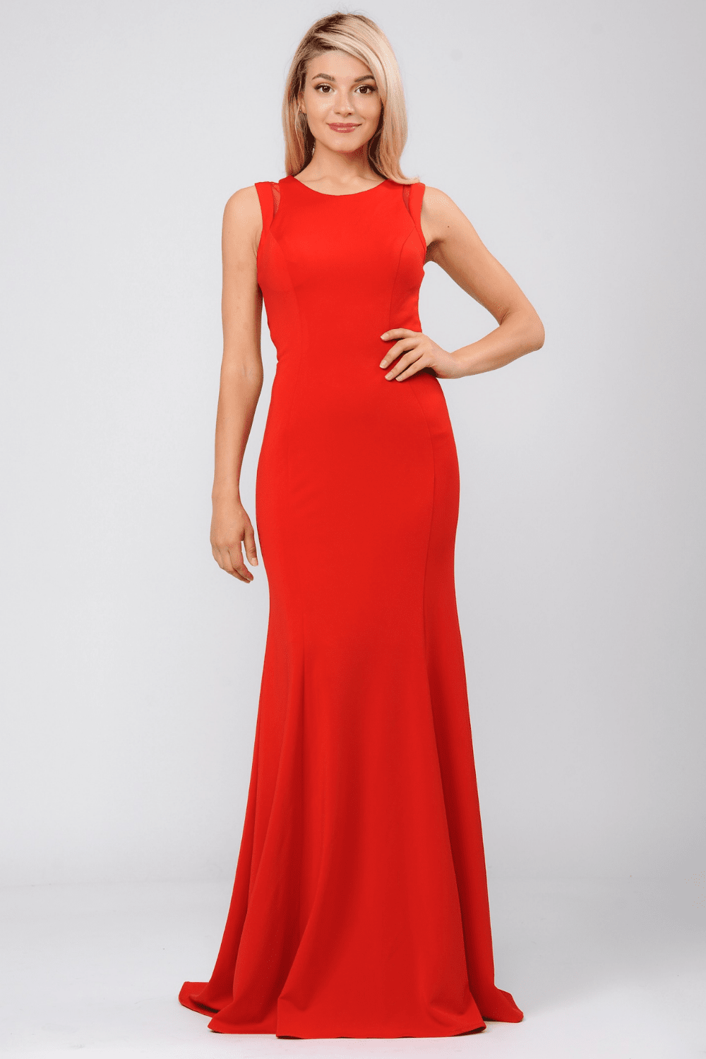 Red Crew-Neck Floor-Length Scuba Prom Dress with Criss-Cross Strappy Back Poly USA 8232