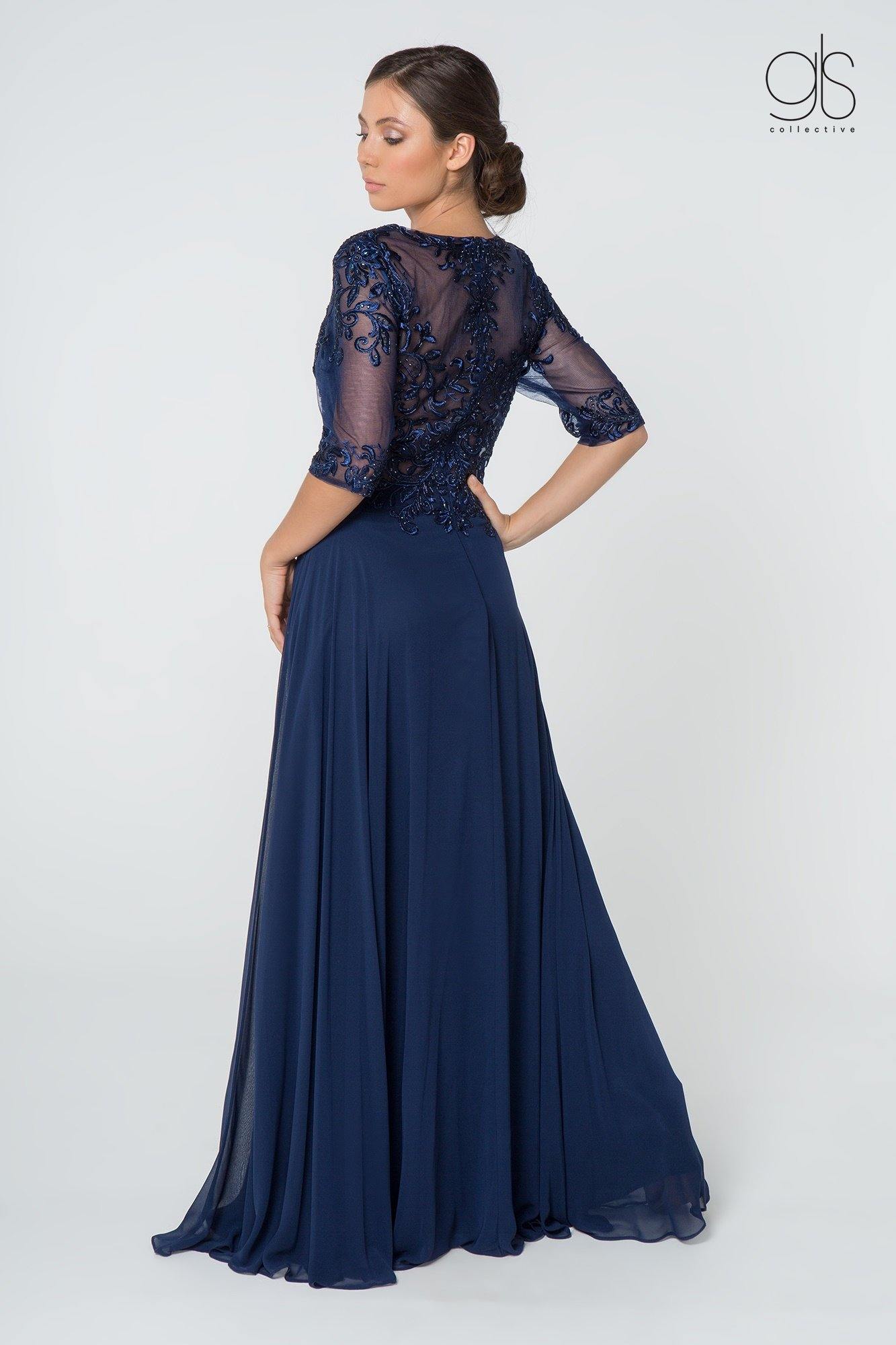 Long Formal Embroidered Mother of the Bride Chiffon Gown - The Dress Outlet Elizabeth K