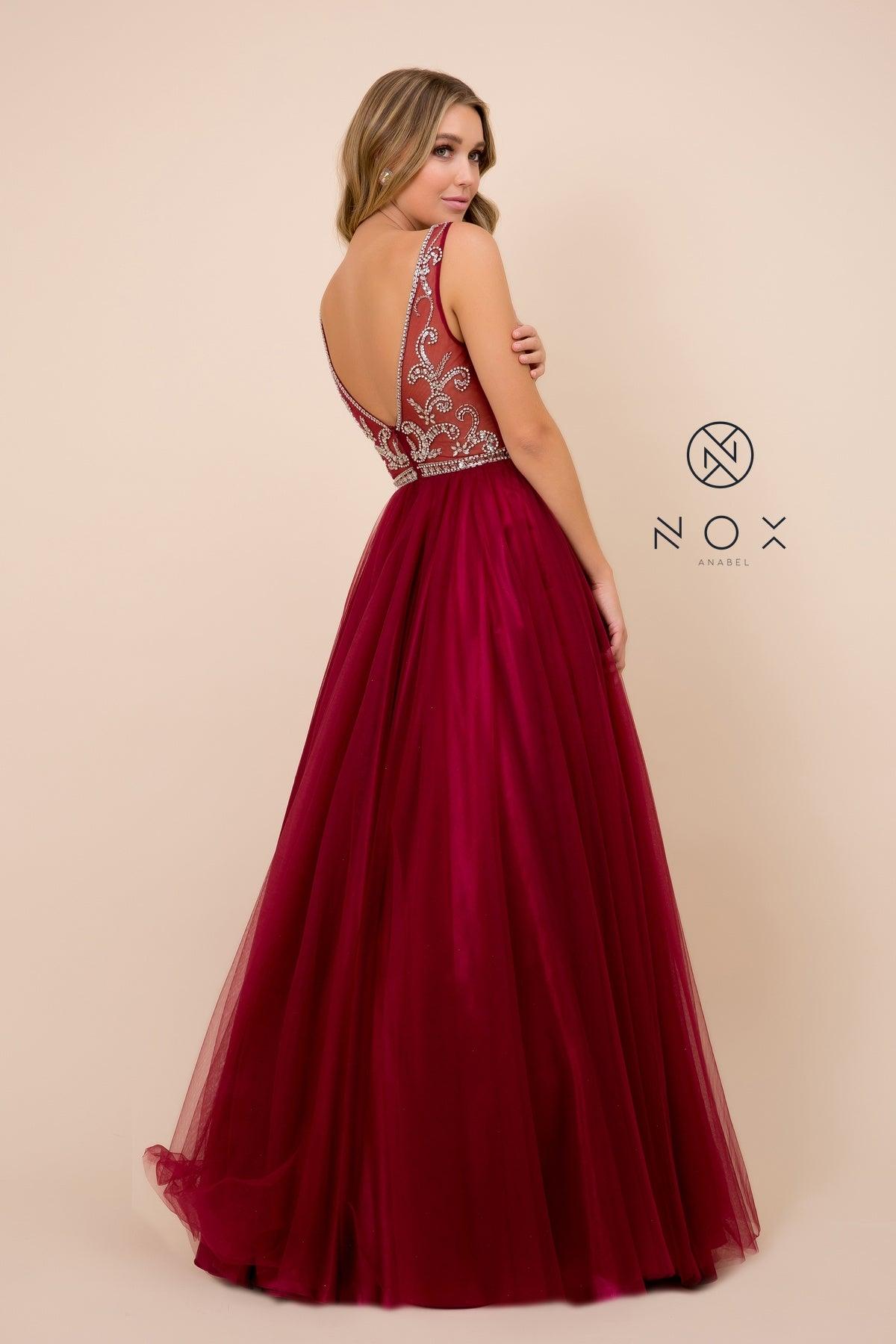 Long Formal Evening Prom Ball Gown Burgundy - The Dress Outlet Nox Anabel