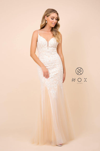 Long Formal Fitted Dress Wedding Gown White/Nude - The Dress Outlet The Dress Outlet