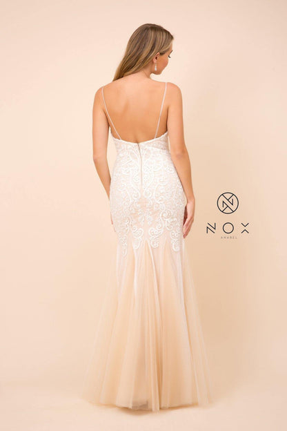 Long Formal Fitted Dress Wedding Gown White/Nude - The Dress Outlet The Dress Outlet