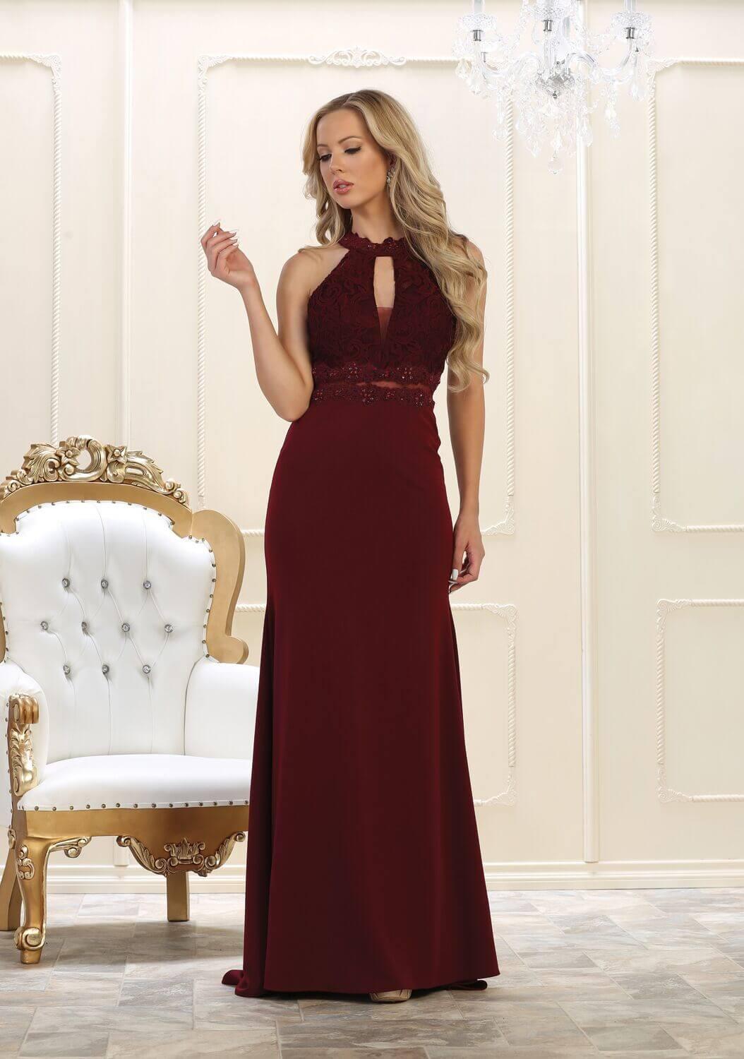 Long Formal Halter Lace Evening Prom Dress - The Dress Outlet May Queen