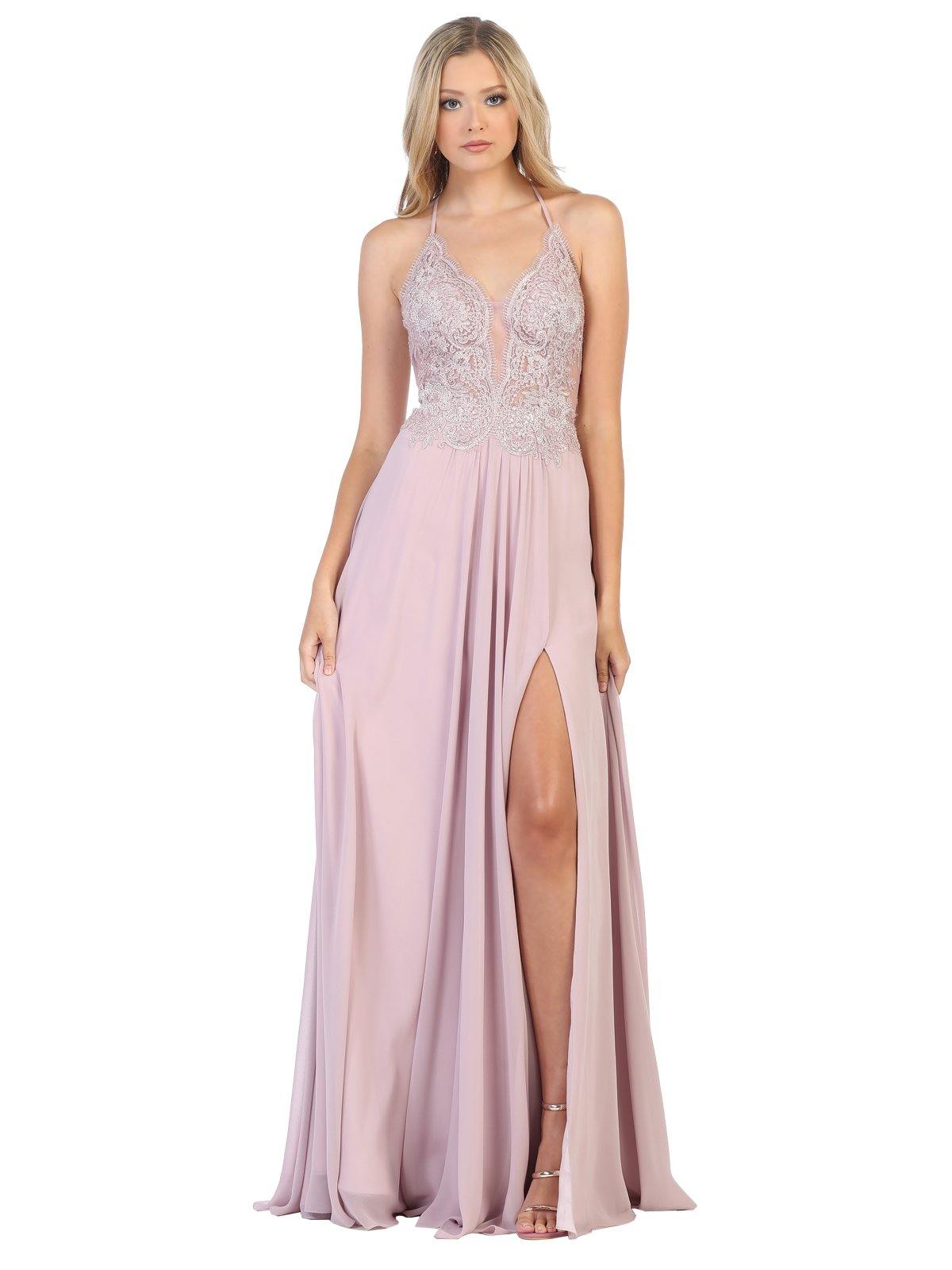 Long Formal Halter Neck Evening Prom Chiffon Dress - The Dress Outlet May Queen
