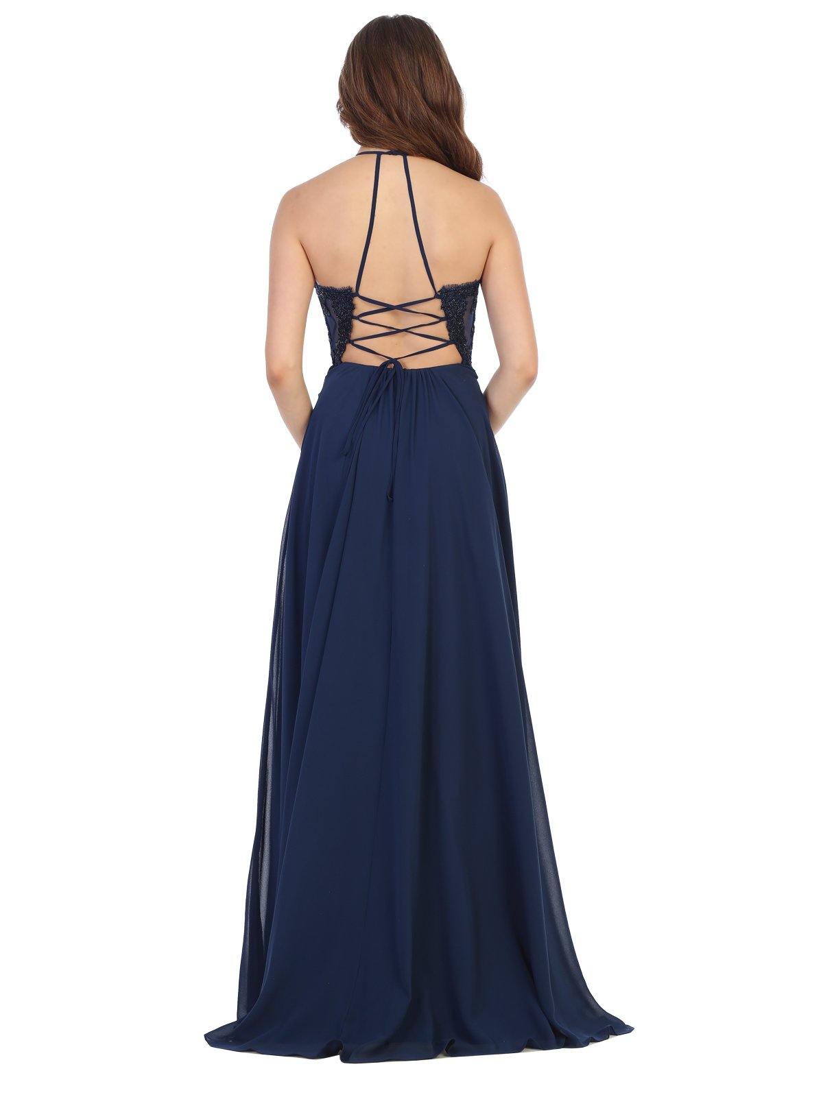 Long Formal Halter Neck Evening Prom Chiffon Dress - The Dress Outlet May Queen