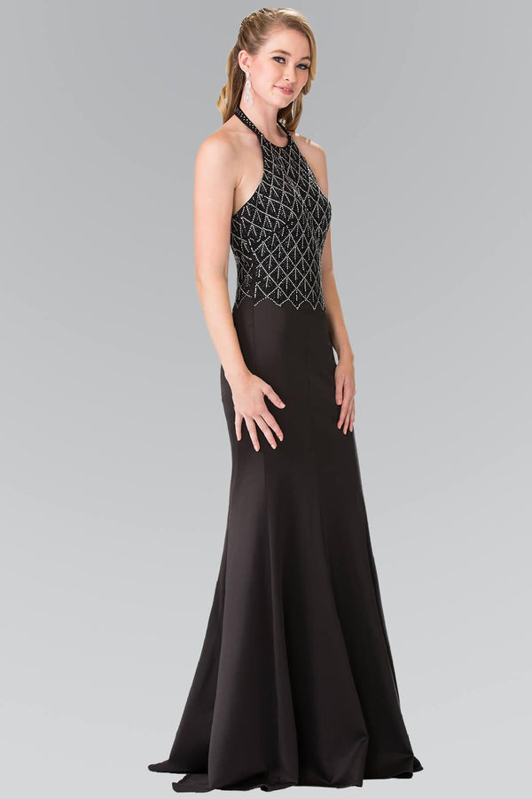 GLS Long Black Formal Halter Neck Prom Dress - Beaded Bodice - Size M