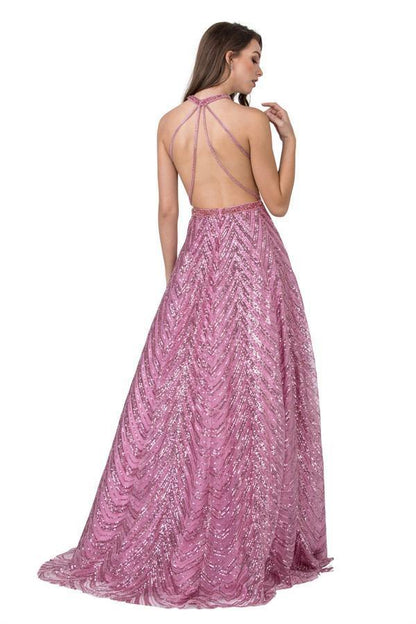 Long Formal Halter Sequins Prom Ball Gown - The Dress Outlet