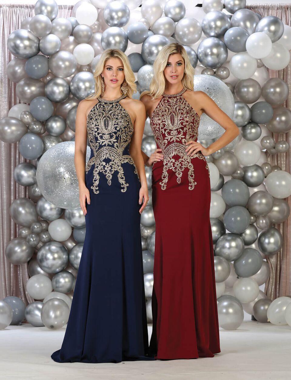 Long Formal Lace Applique Halter Prom Dress - The Dress Outlet May Queen