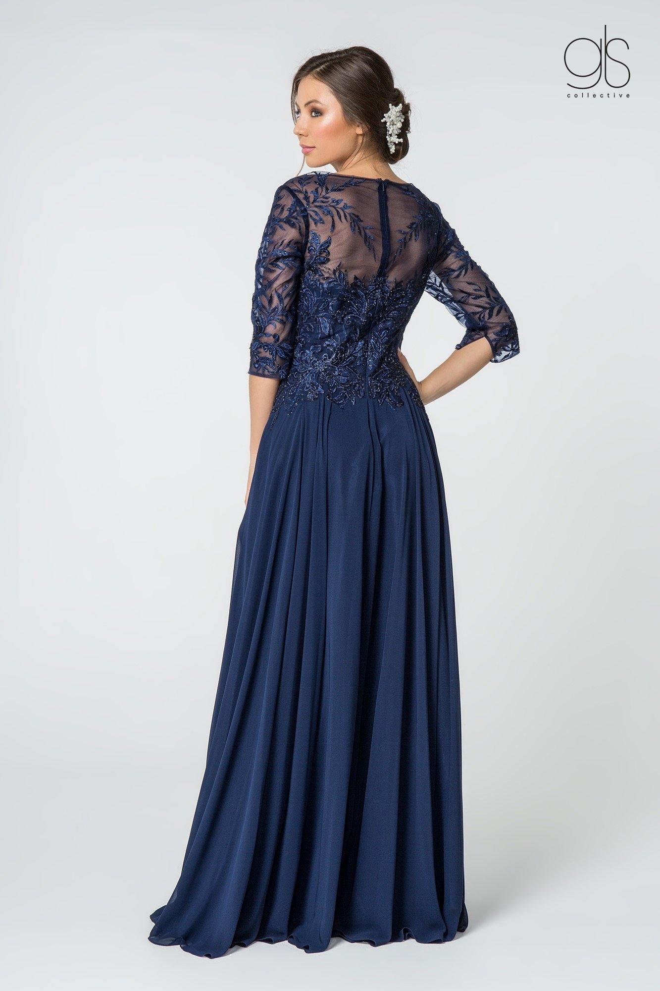 Navy Embroidered Leaf 3/4 Sleeve Gown, Size 10 - Elements Unleashed