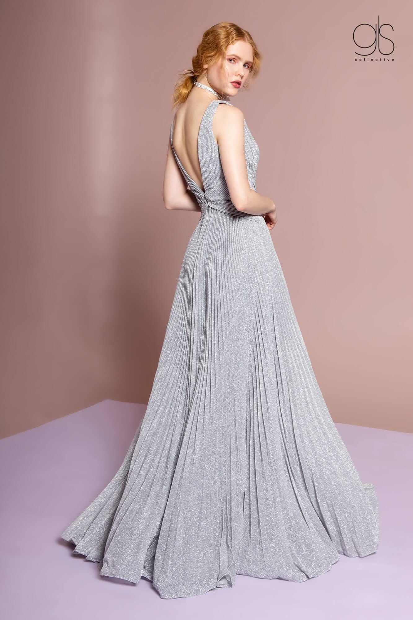 Long Formal Metallic Pleaded Prom Dress