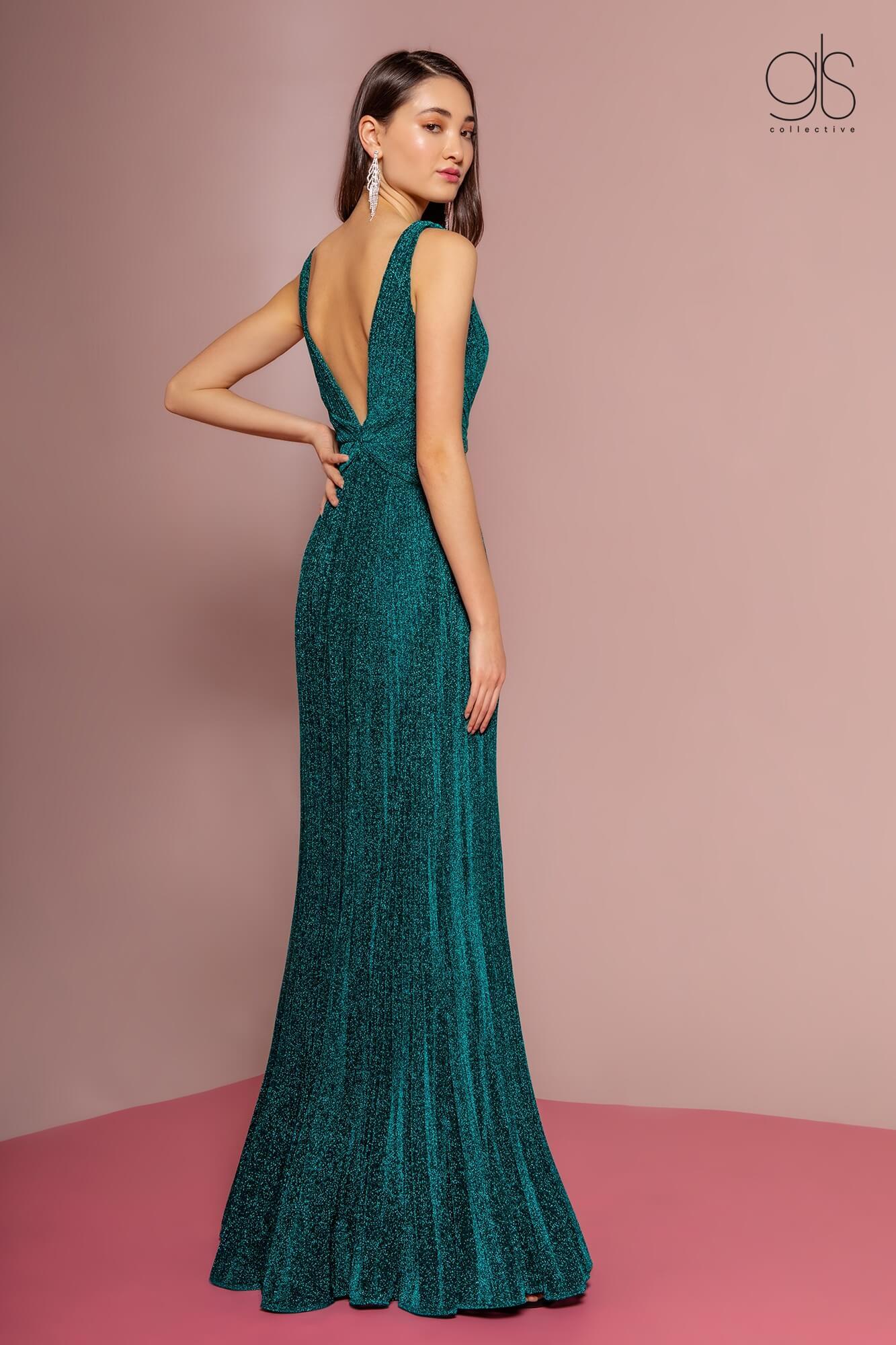 Long Formal Metallic Pleaded Prom Dress