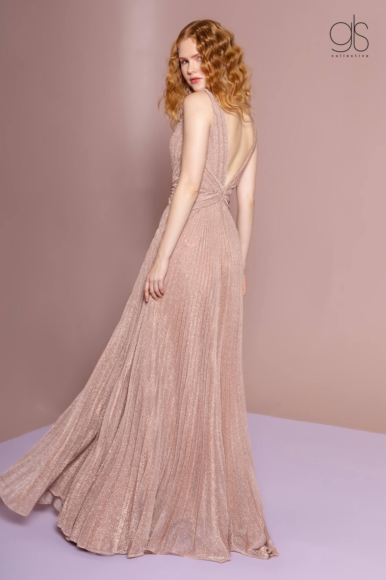 Long Formal Metallic Pleaded Prom Dress
