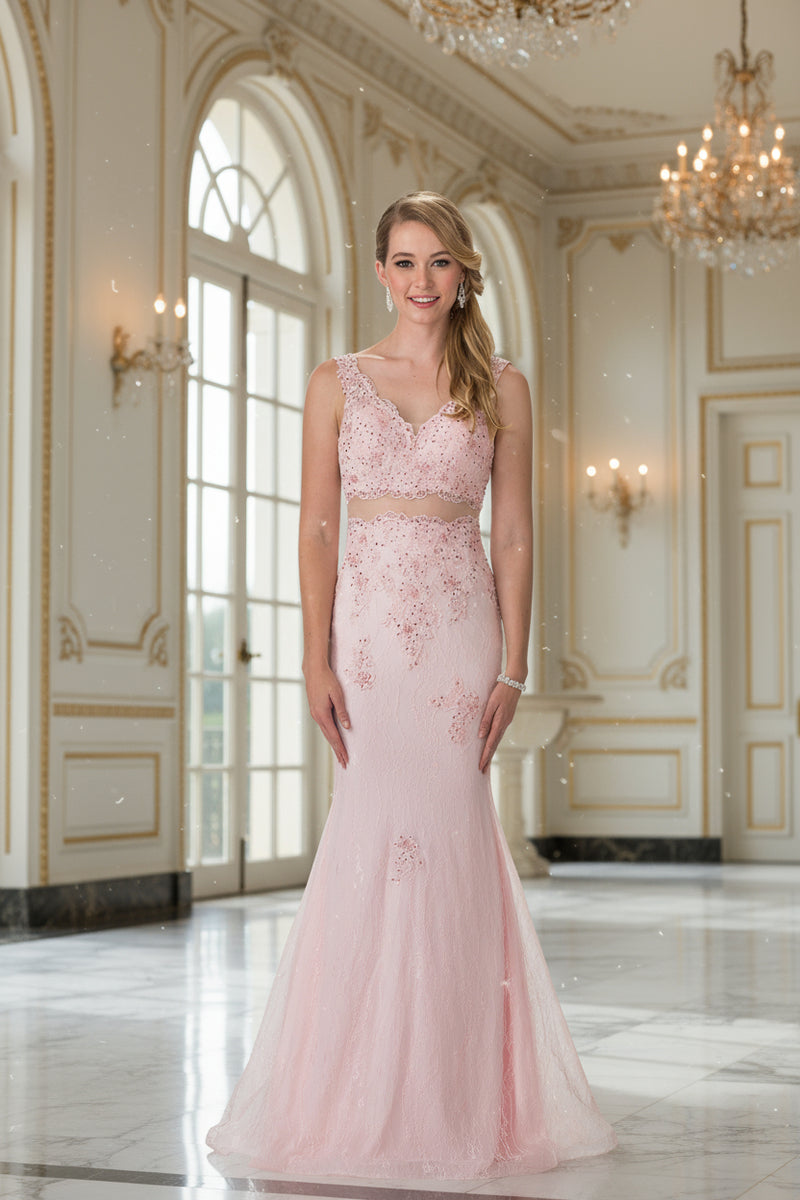 GLS Long Formal Mock 2 Piece Blush Prom Dress - Sleeveless V-Neckline with Embroidered Lace