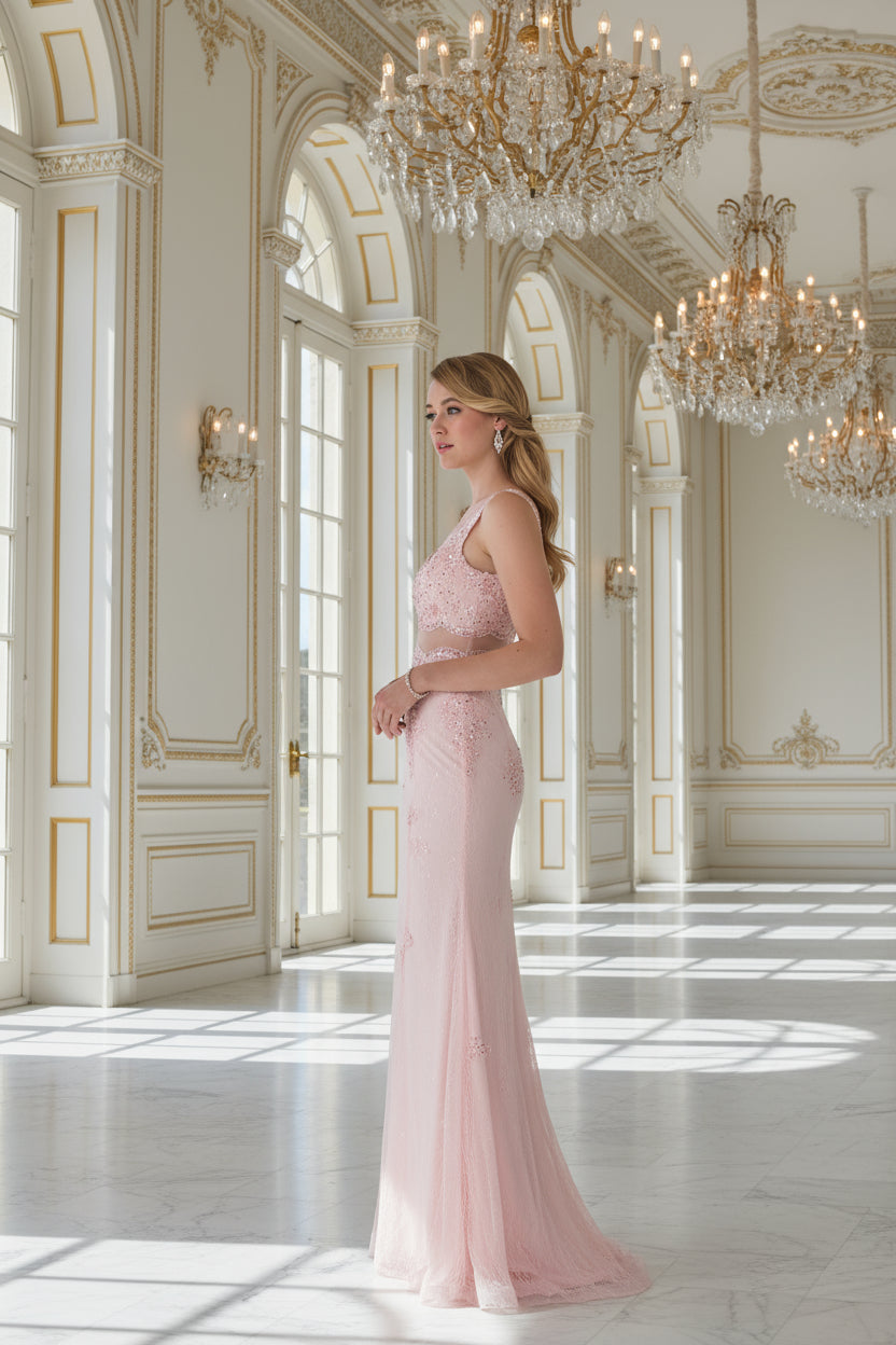 GLS Long Formal Mock 2 Piece Blush Prom Dress - Sleeveless V-Neckline with Embroidered Lace - Size XL