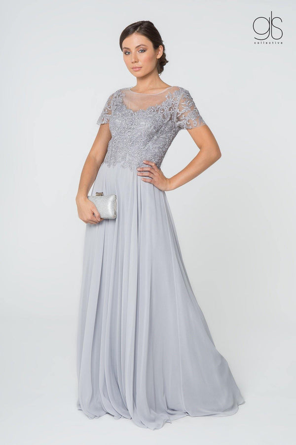 Long Formal Mother of Bride Short Sleeve Chiffon Dress