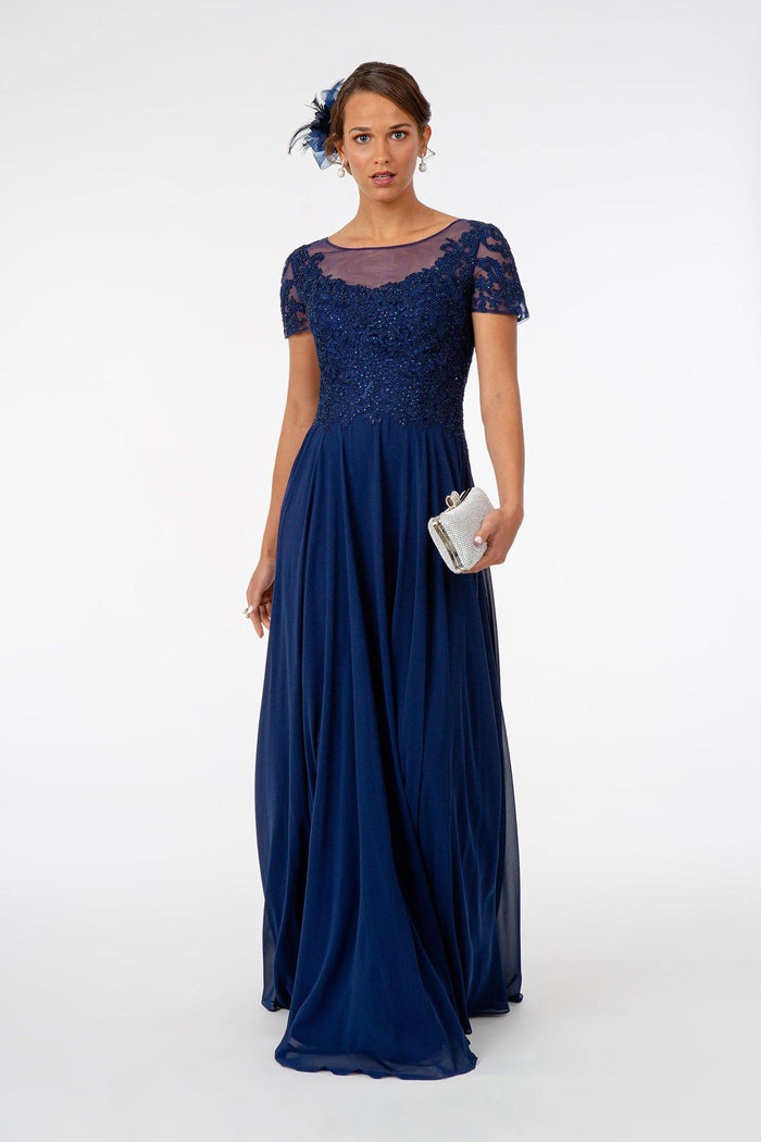 Long Formal Mother of Bride Short Sleeve Chiffon Dress - The Dress Outlet