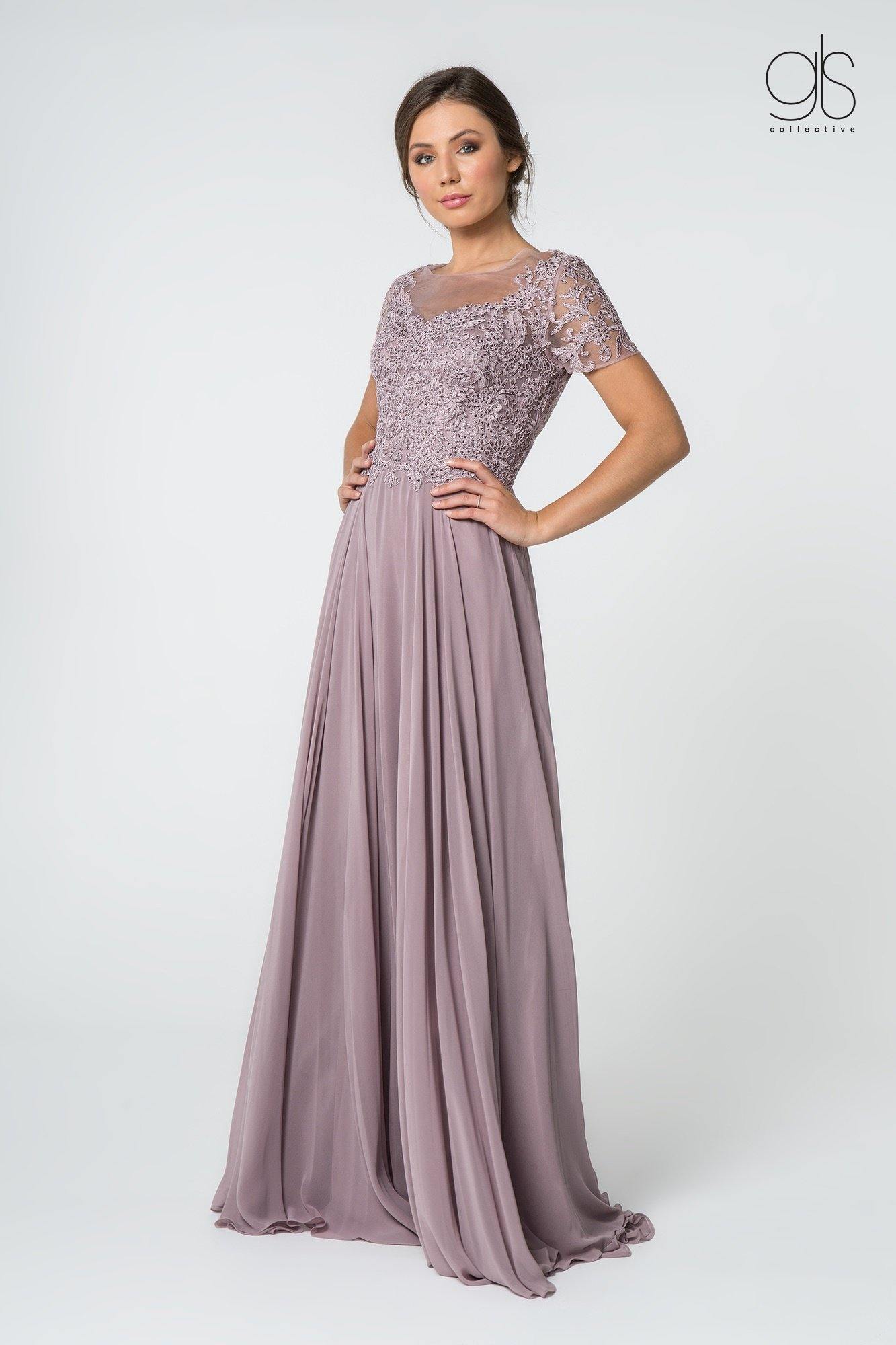 Long Formal Mother of Bride Short Sleeve Chiffon Dress - The Dress Outlet Elizabeth K