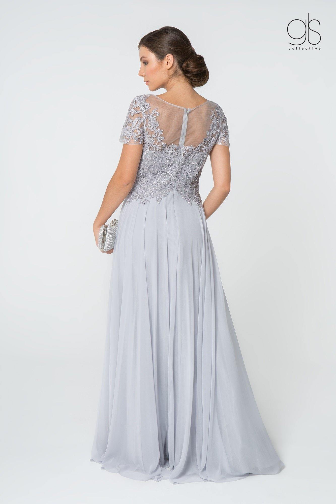 Long Formal Mother of Bride Short Sleeve Chiffon Dress - The Dress Outlet Elizabeth K