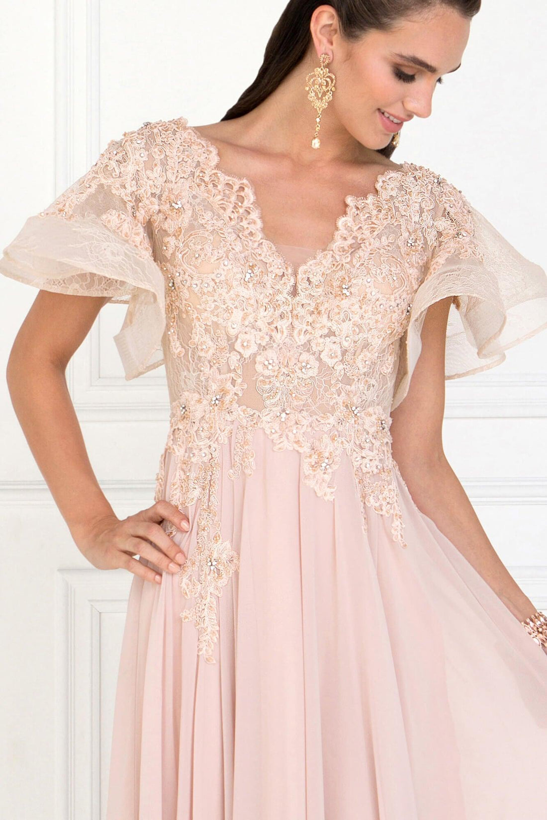A-line V-Neck Long Sleeve Chiffon Dress Champagne Plus Size main image 1