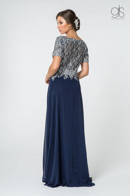 Long Formal Mother of the Bride Metallic Lace Chiffon Dress - The Dress Outlet Elizabeth K