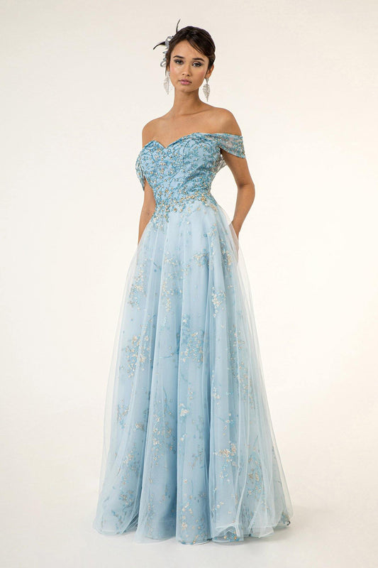 Long Formal Off Shoulder Glitter Evening Prom Dress - The Dress Outlet