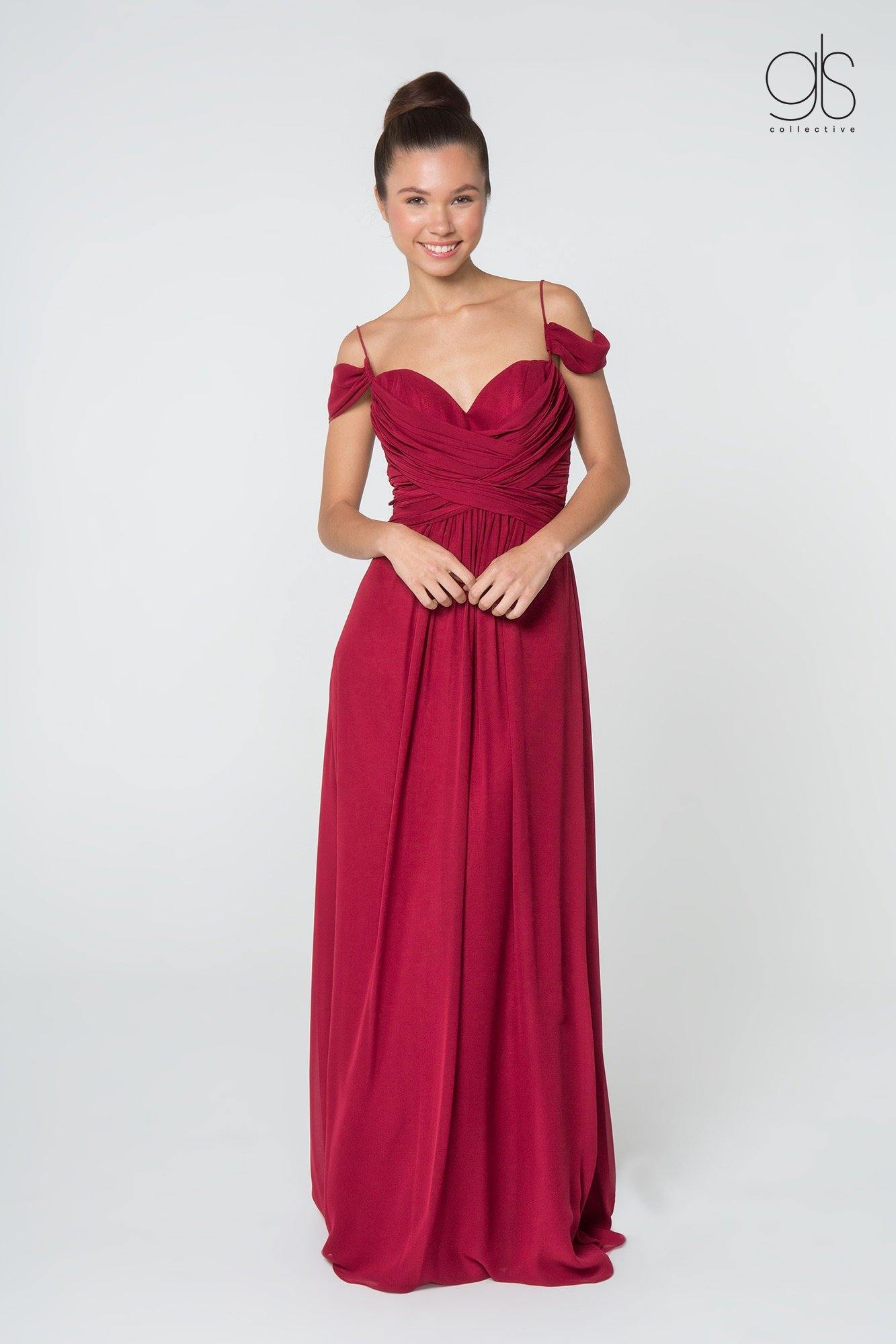 Long Formal Off Shoulder Ruched Chiffon Prom Dress - The Dress Outlet Elizabeth K
