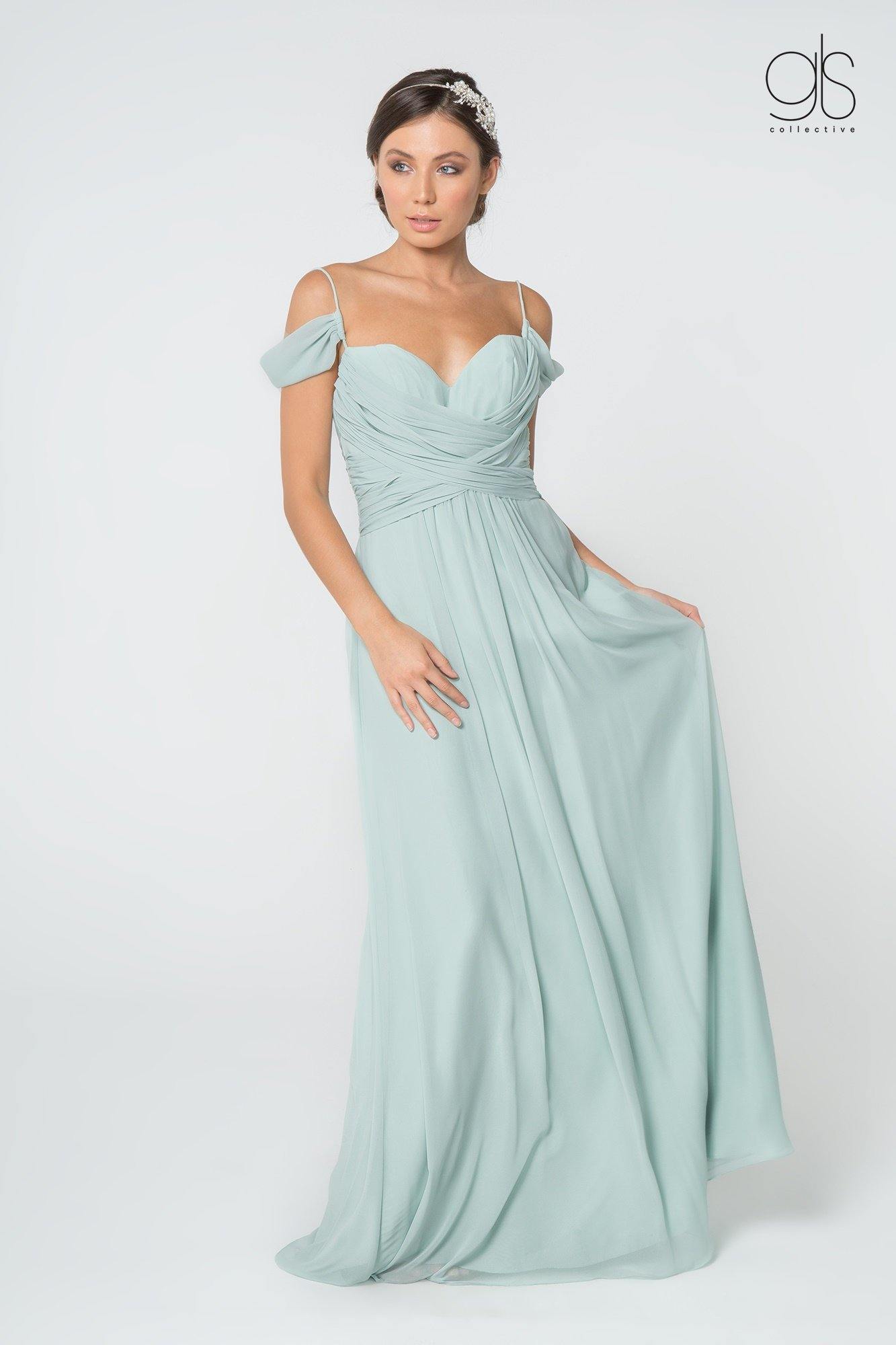 GLS Long Formal Off Shoulder Ruched Chiffon Prom Dress - Sage - Size M - A-Line Evening Party Gown GLS Long Formal Off Shoulder Ruched Chiffon Prom Dress - Sage - Size M - A-Line Evening Party Gown