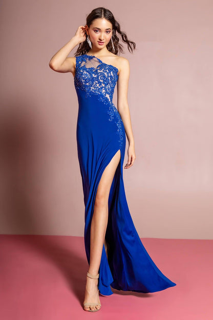 Long Formal One Shoulder Prom Dress with Side Slit - The Dress Outlet Elizabeth K