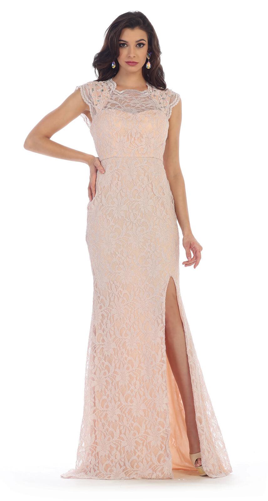 Long Formal Plus Size Cap Sleeve Lace Prom Dress - The Dress Outlet May Queen